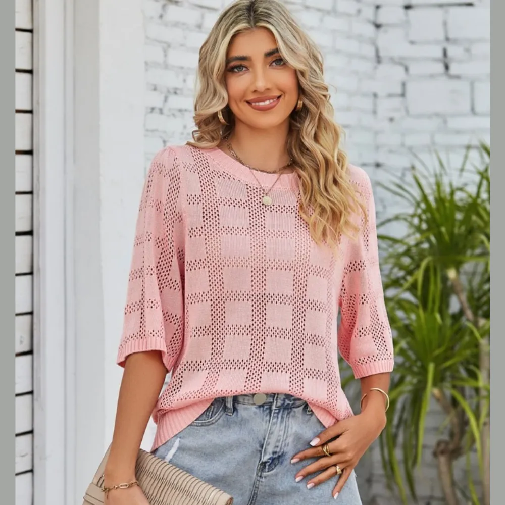 Mandy Openwork Round Neck Knit Top