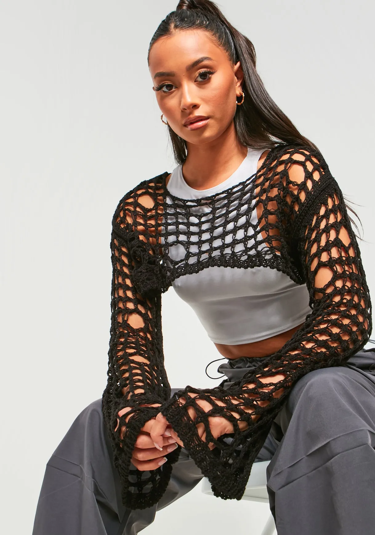Marlowe Black Distressed Knit Long Sleeve Extreme Crop Top