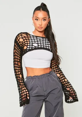 Marlowe Black Distressed Knit Long Sleeve Extreme Crop Top