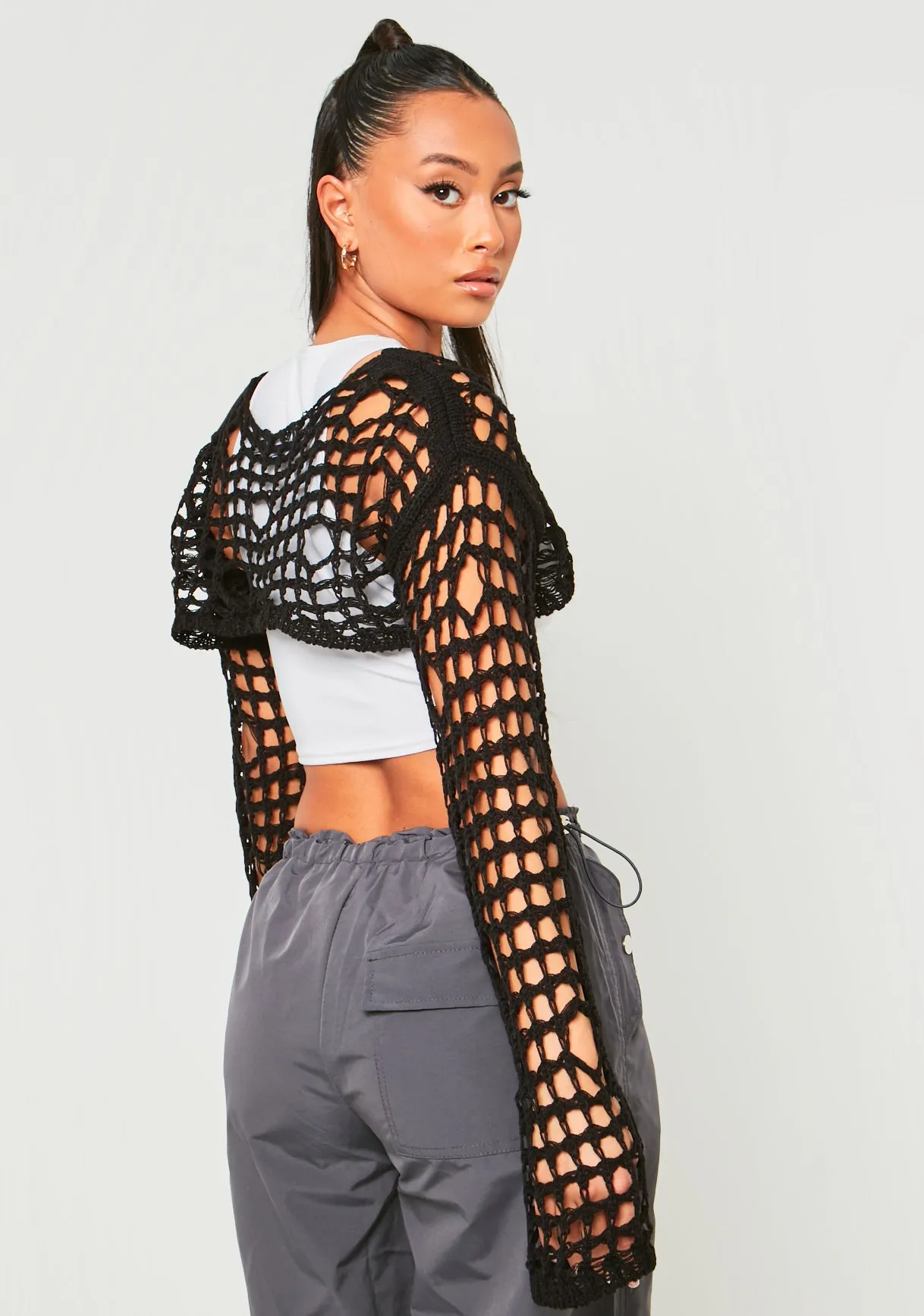 Marlowe Black Distressed Knit Long Sleeve Extreme Crop Top
