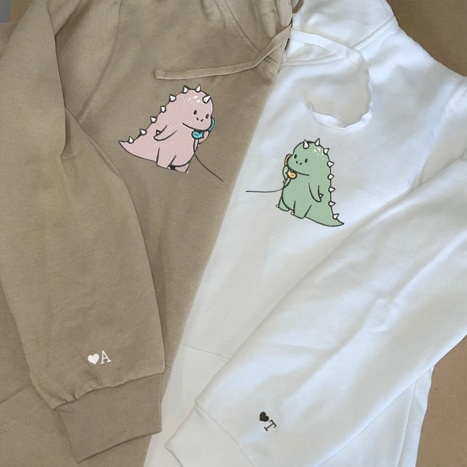 Matching Couple Hoodies - Cute Cartoon Dino Couple Custom Embroidered Sweatshirts For Couples
