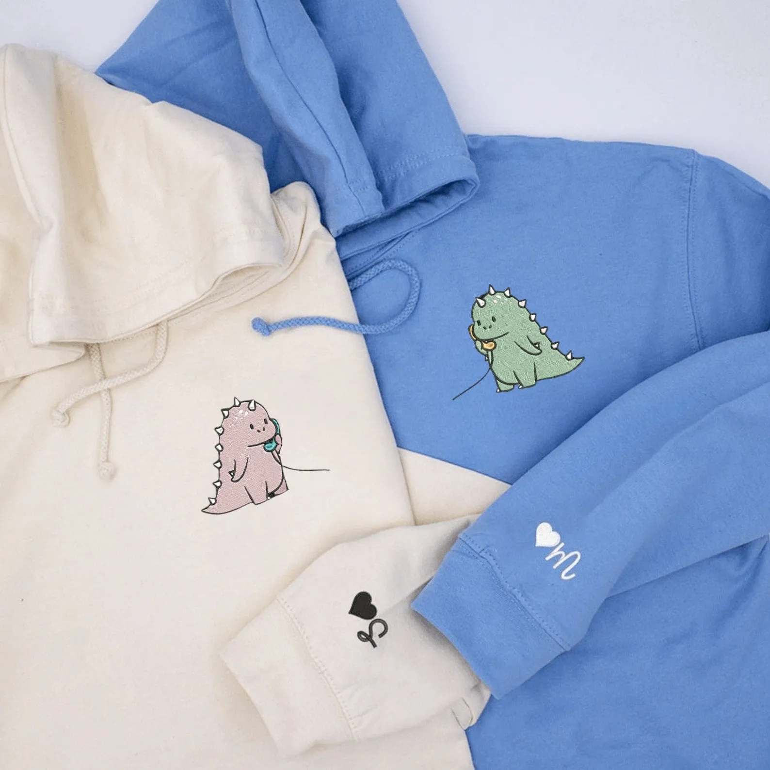 Matching Couple Hoodies - Cute Cartoon Dino Couple Custom Embroidered Sweatshirts For Couples