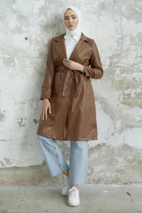 MDS Women Anyora Wrap Neck Leather Trench Coat - Tan - Santa Rosa Jauregui