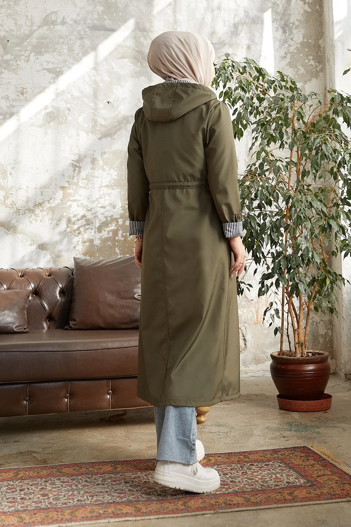 MDS Women Checked Striped Pattern Long Trench Coat - Khaki - Newnan