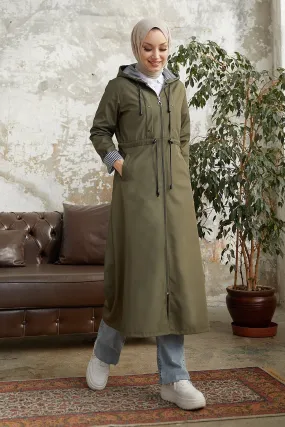 MDS Women Checked Striped Pattern Long Trench Coat - Khaki - Newnan