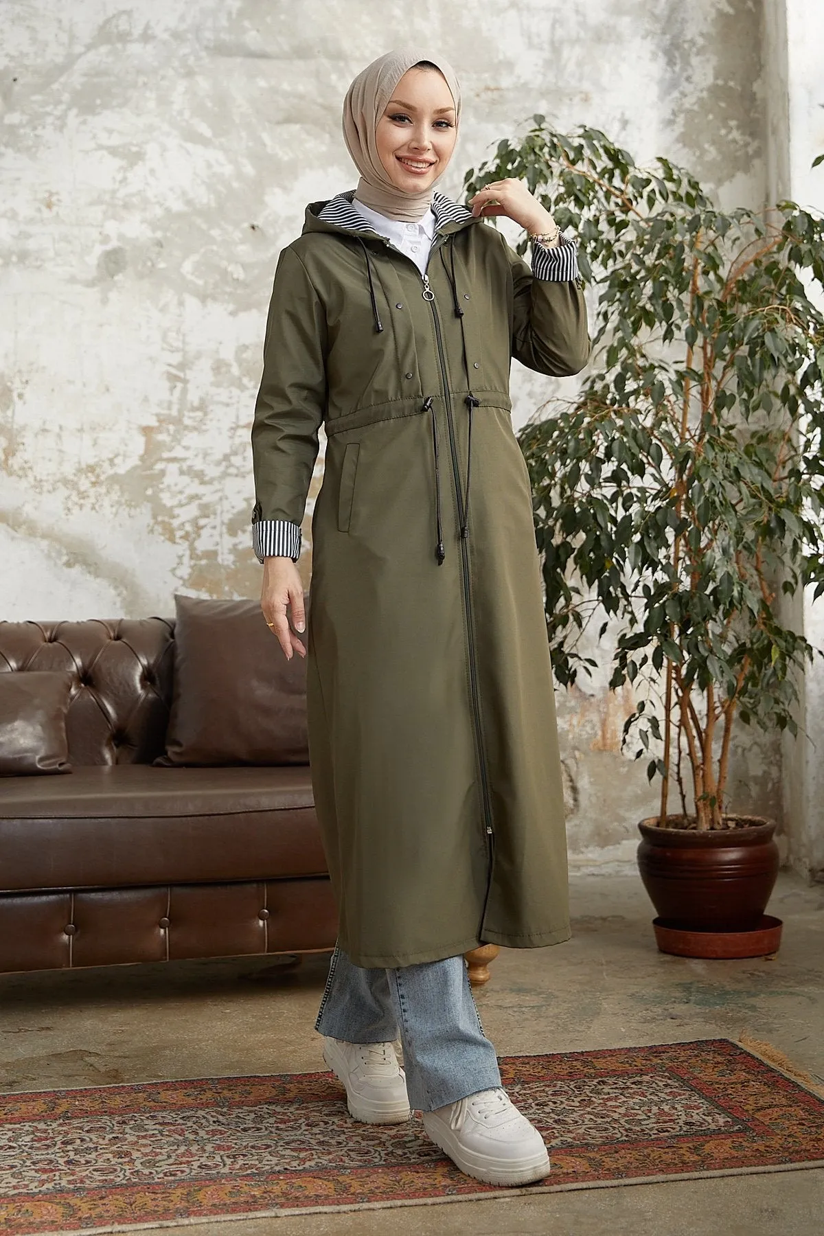 MDS Women Checked Striped Pattern Long Trench Coat - Khaki - Newnan