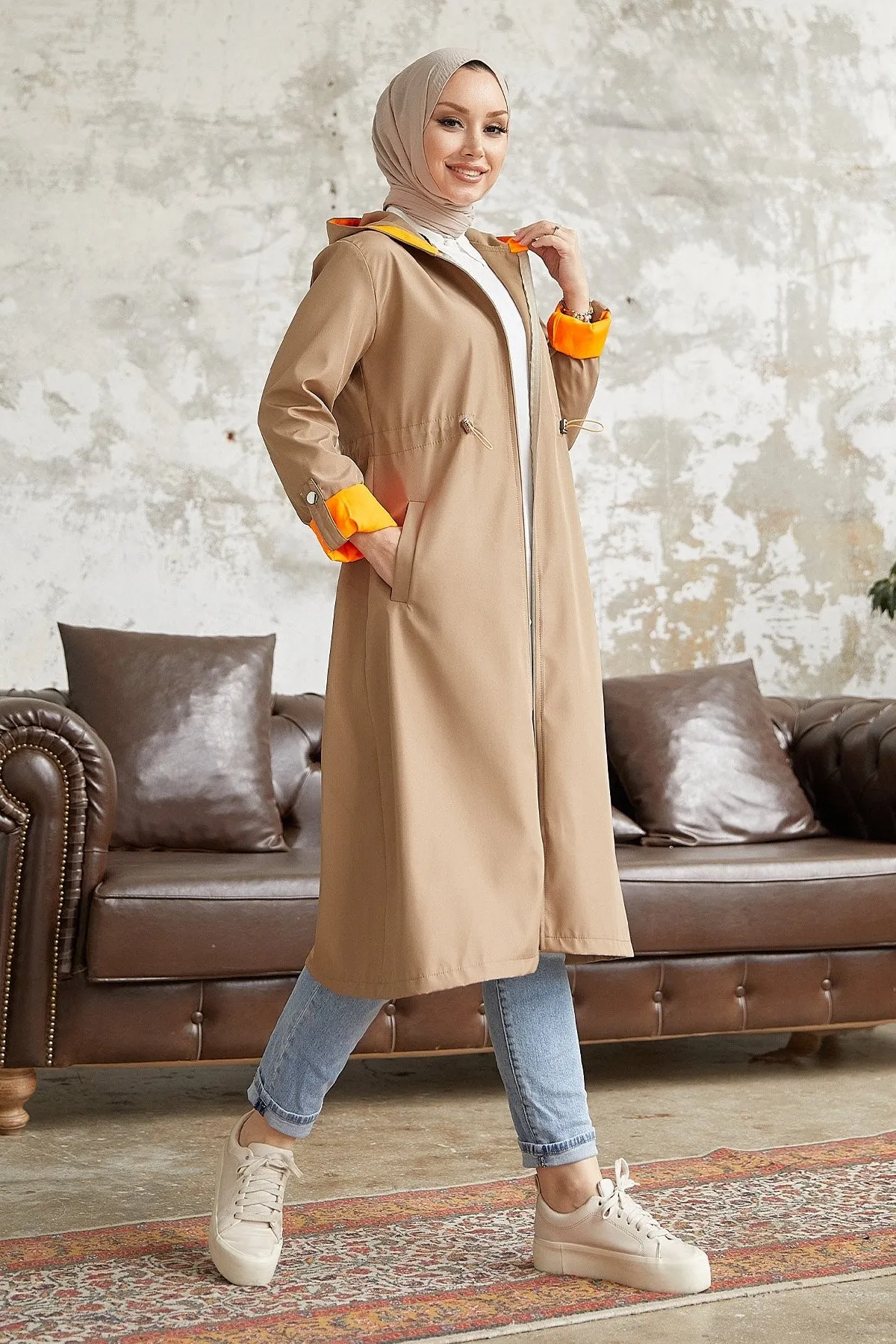 MDS Women Waist Ruffled Hooded Neon Trench Coat - Beige \ Orange - Tiraspol