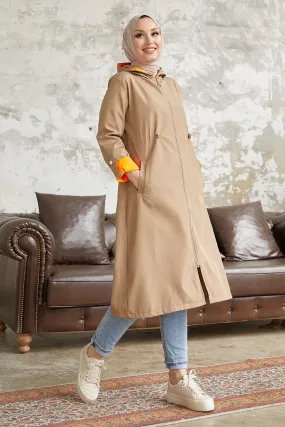 MDS Women Waist Ruffled Hooded Neon Trench Coat - Beige \ Orange - Tiraspol