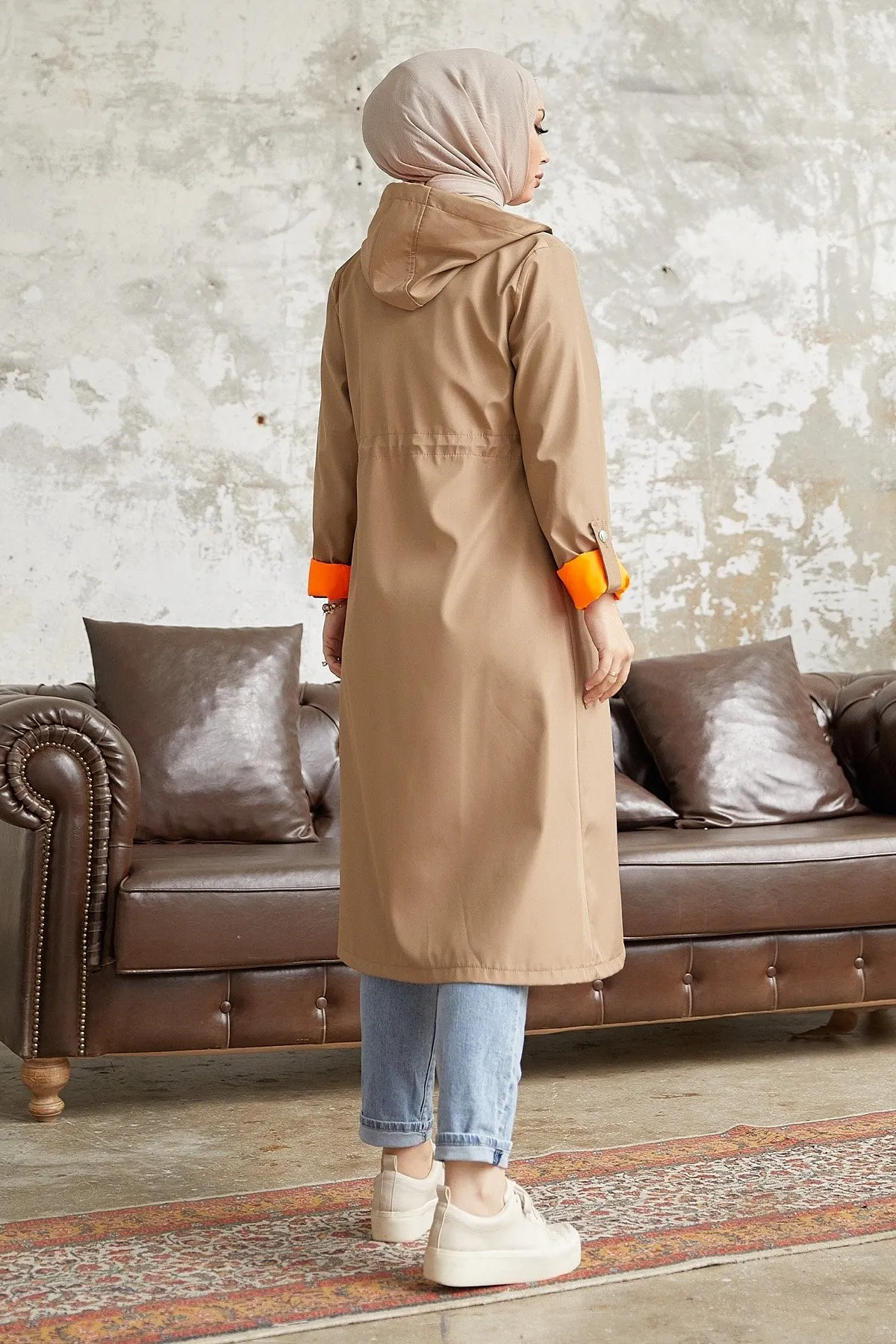 MDS Women Waist Ruffled Hooded Neon Trench Coat - Beige \ Orange - Tiraspol