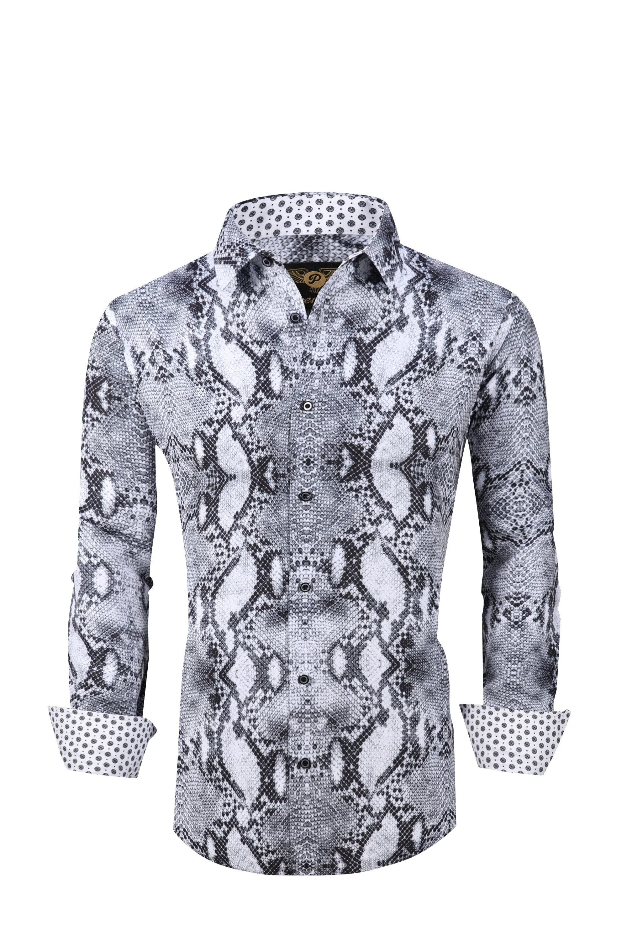 Men PREMIERE Long Sleeve Button Down Dress Shirt Grey Snake Skin Print