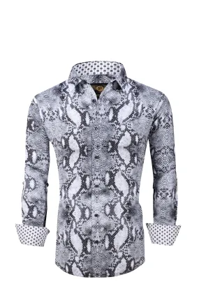 Men PREMIERE Long Sleeve Button Down Dress Shirt Grey Snake Skin Print