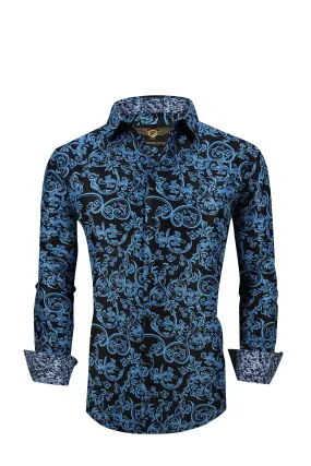 Men PREMIERE Long Sleeve Button Up Dress Shirt Blue Black Paisley