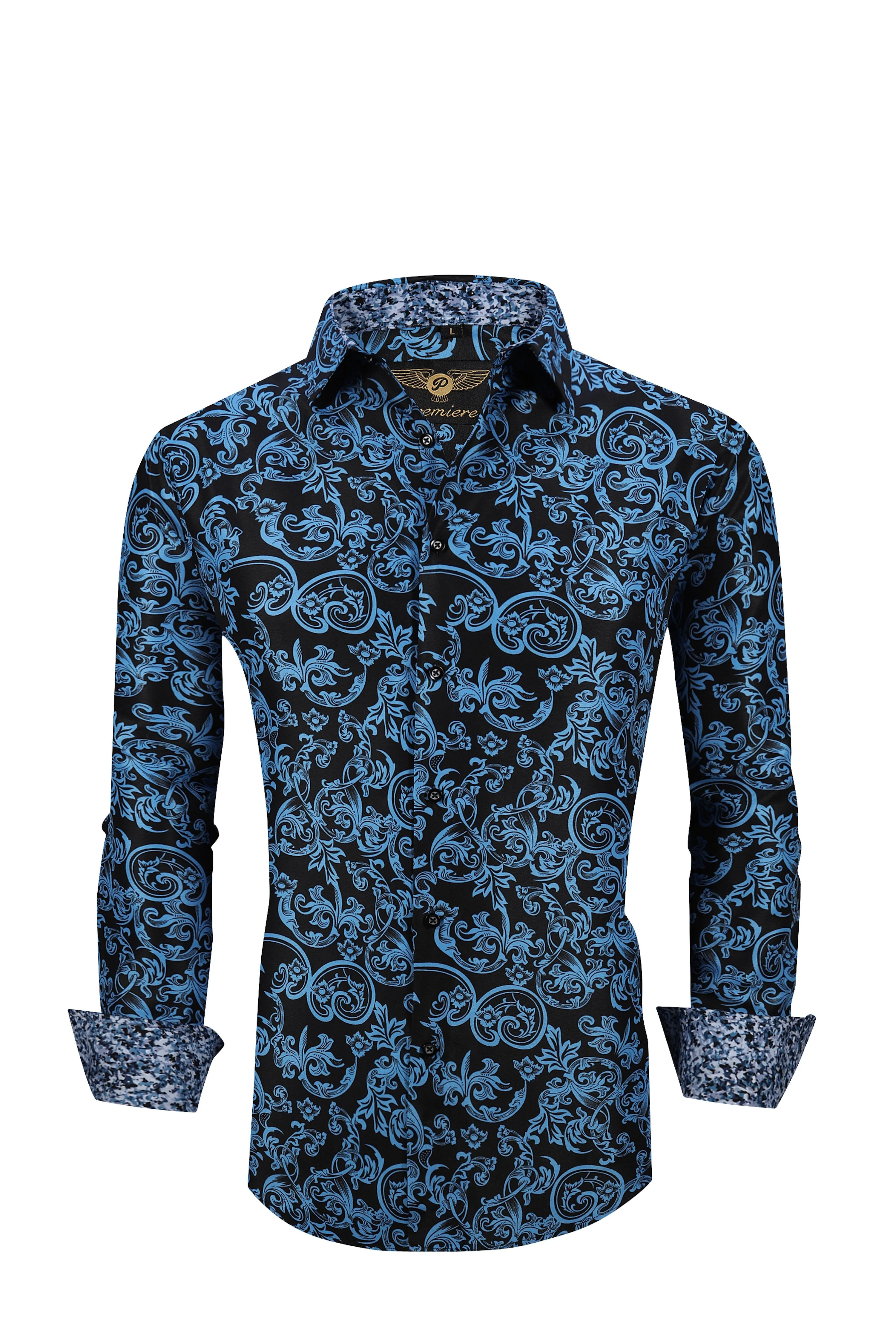 Men PREMIERE Long Sleeve Button Up Dress Shirt Blue Black Paisley