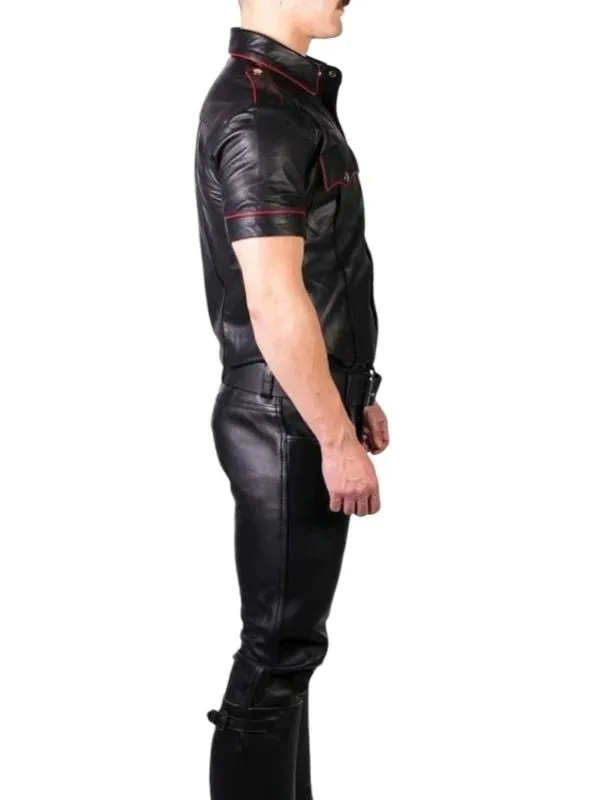 Men's Black Genuine Leather Short Sleeve Shirt