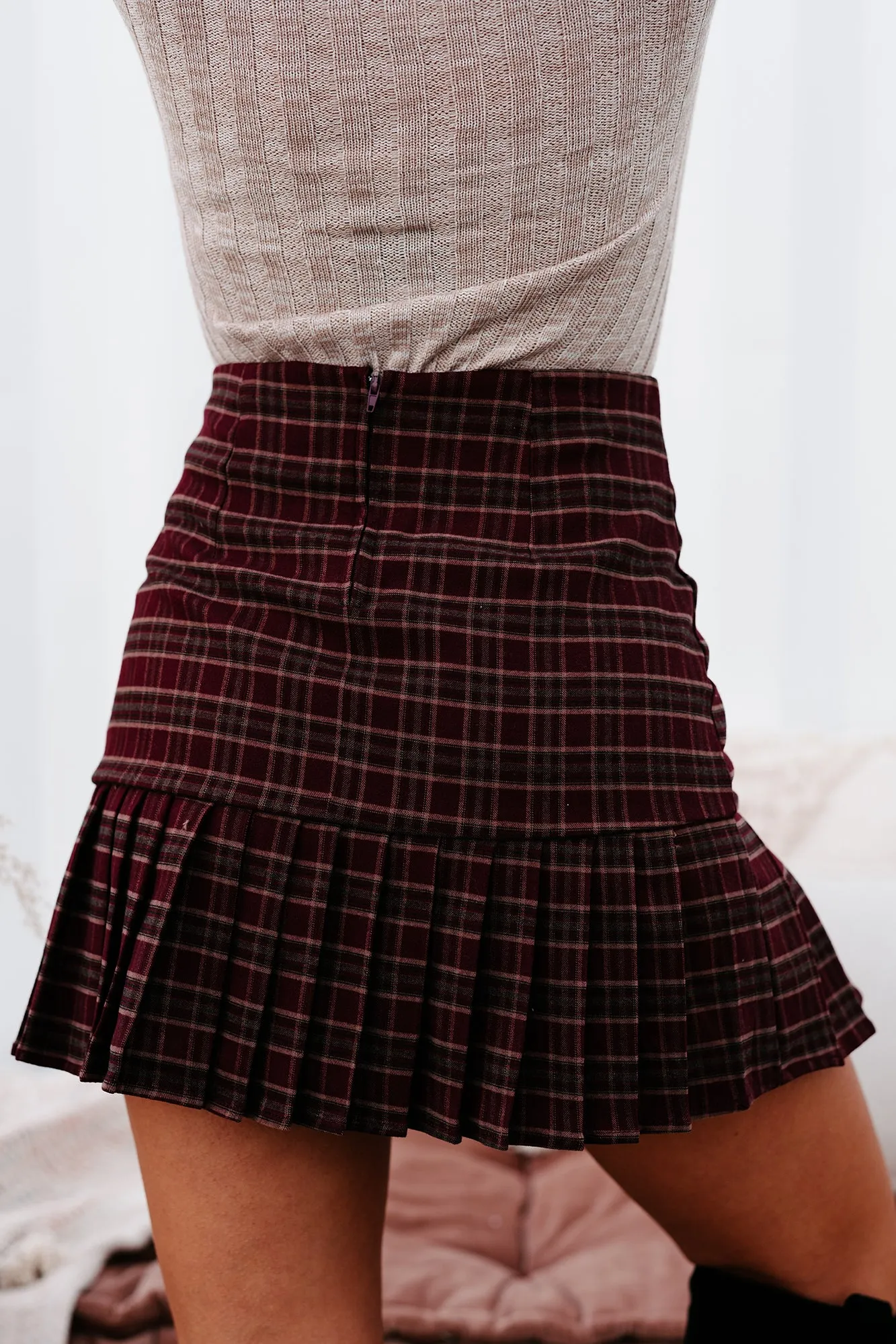 My Best Behavior Pleated Plaid Skirt (Burgundy)