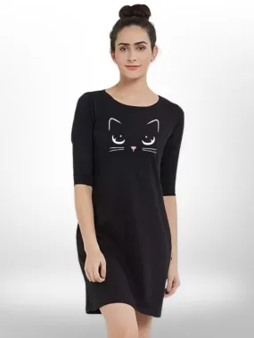 MYSTERY CAT PRINTED WOMEN'S THREE QUARTER SLEEVE T-SHIRT SIDE POCKET