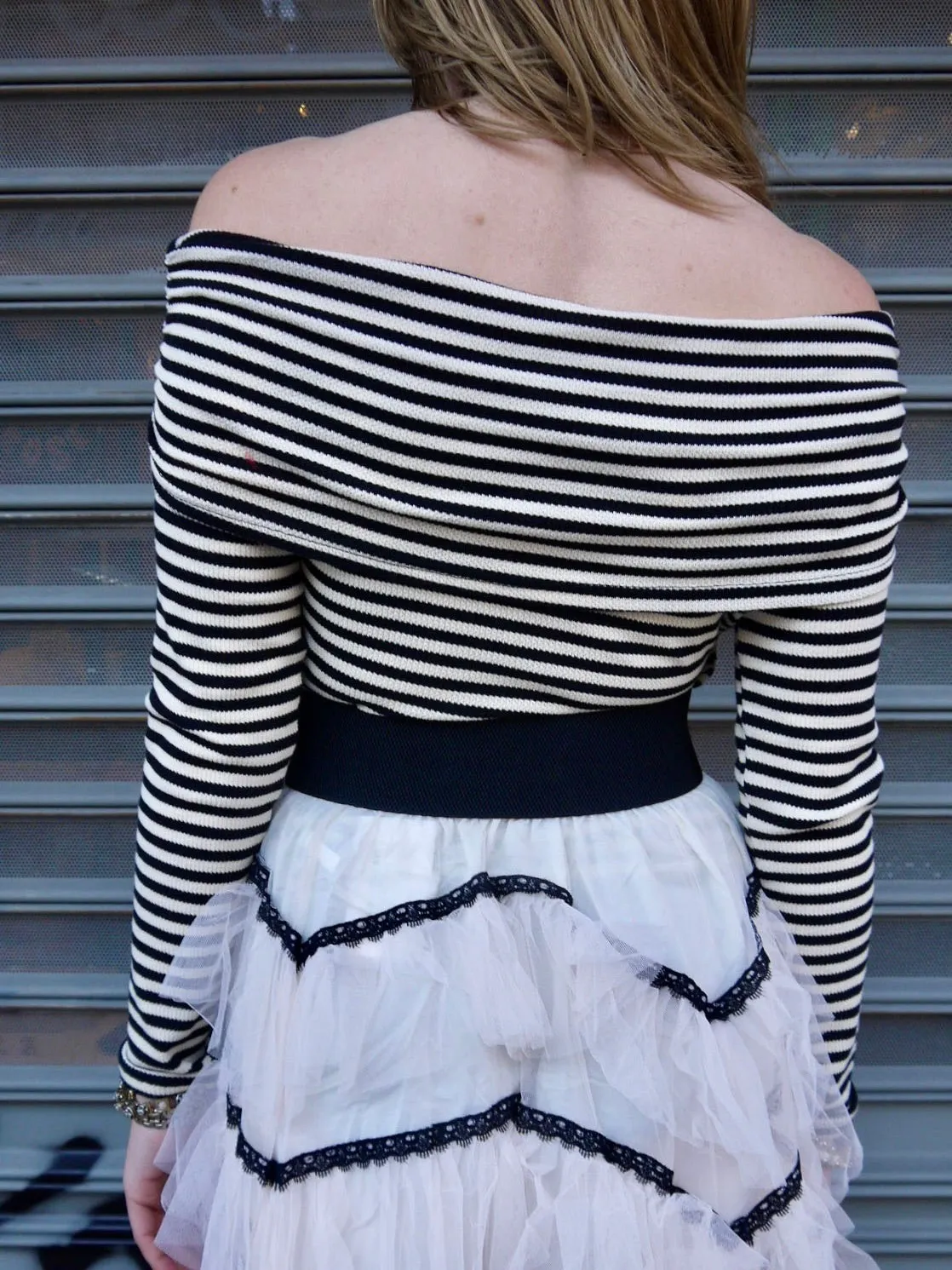 off shoulder stripe knit top