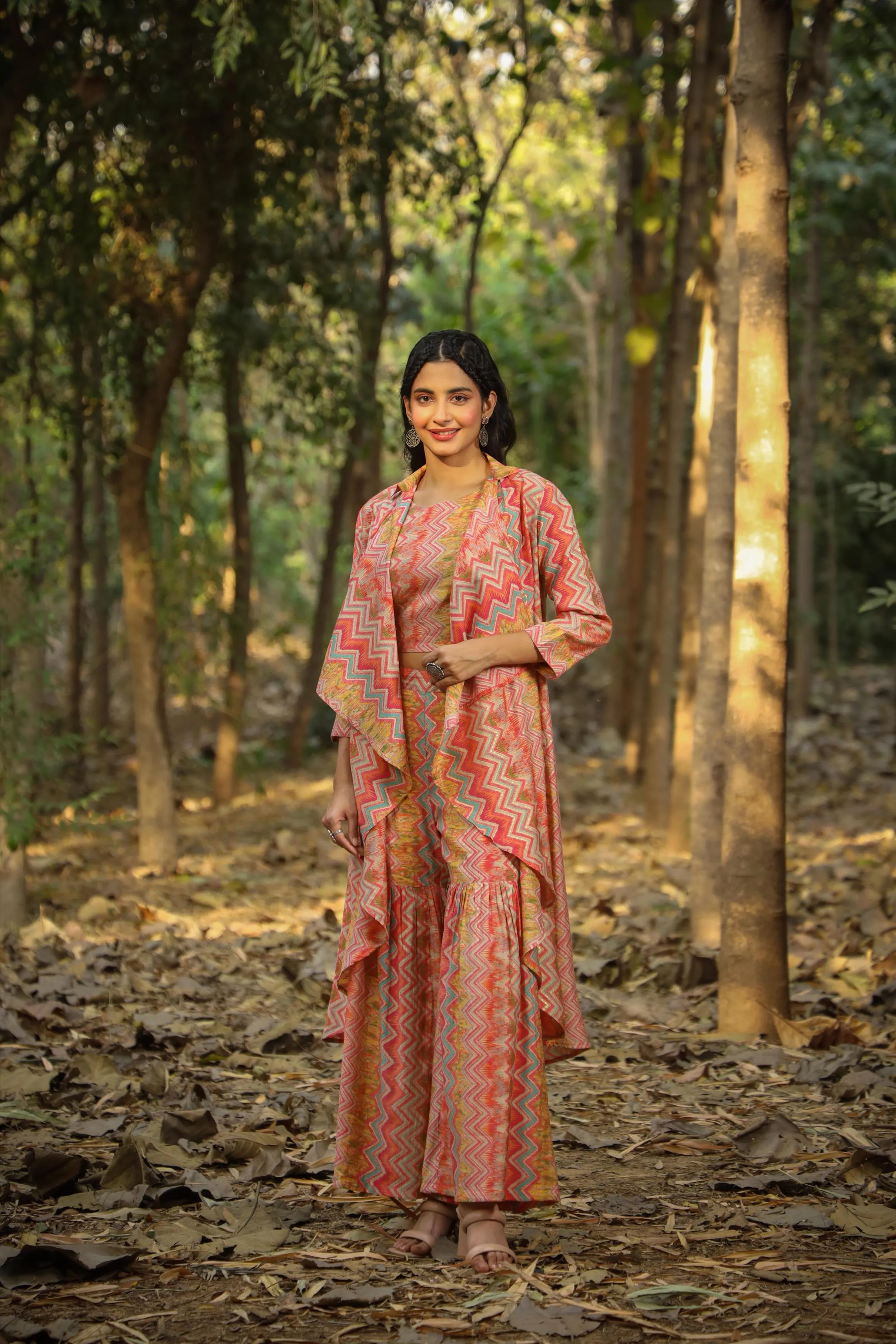 Orange Modal Chanderi Candy Print Top Sharara Cape Co-Ord Set