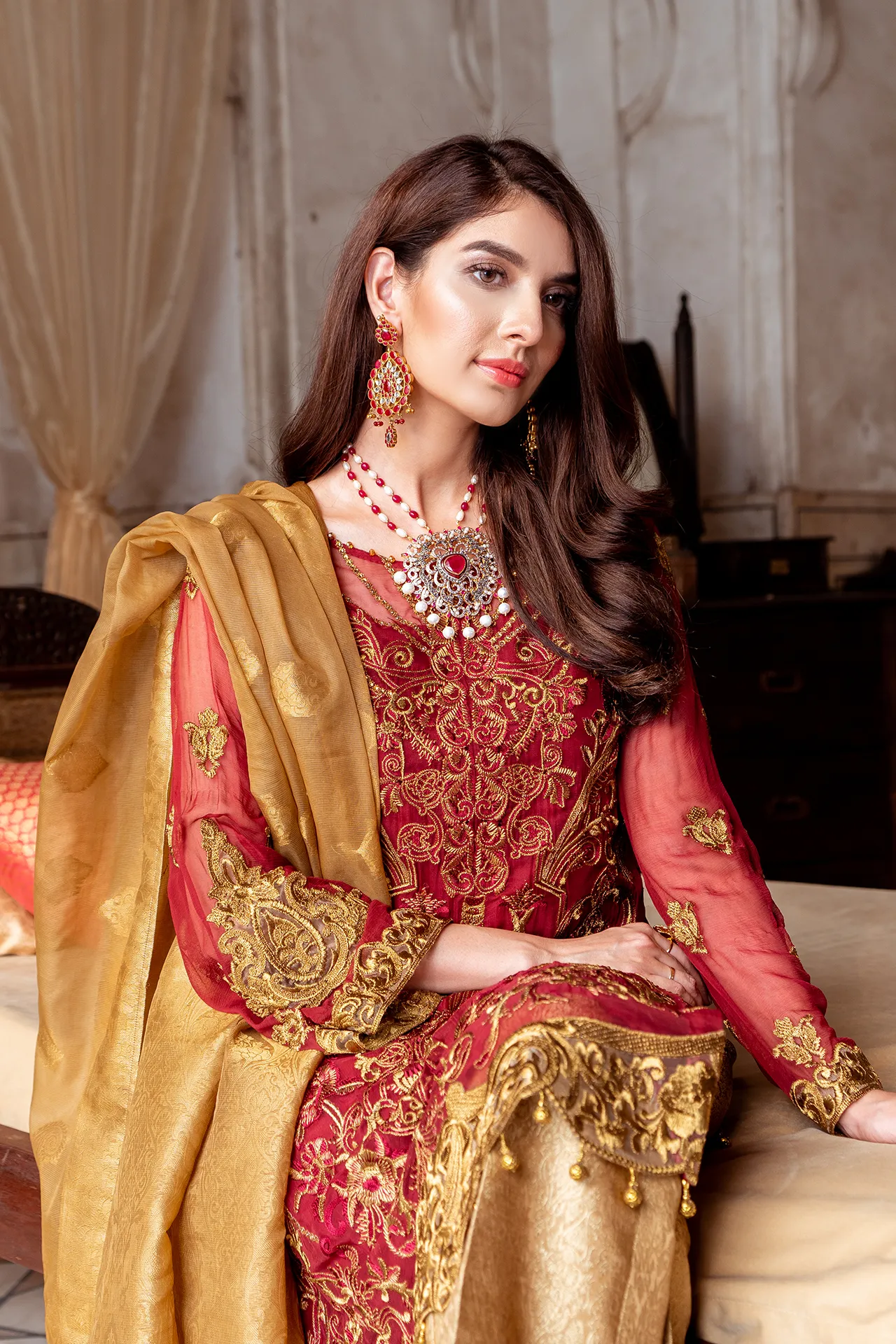 Pakistani embroidered chiffon party outfit in red and copper color # P2445