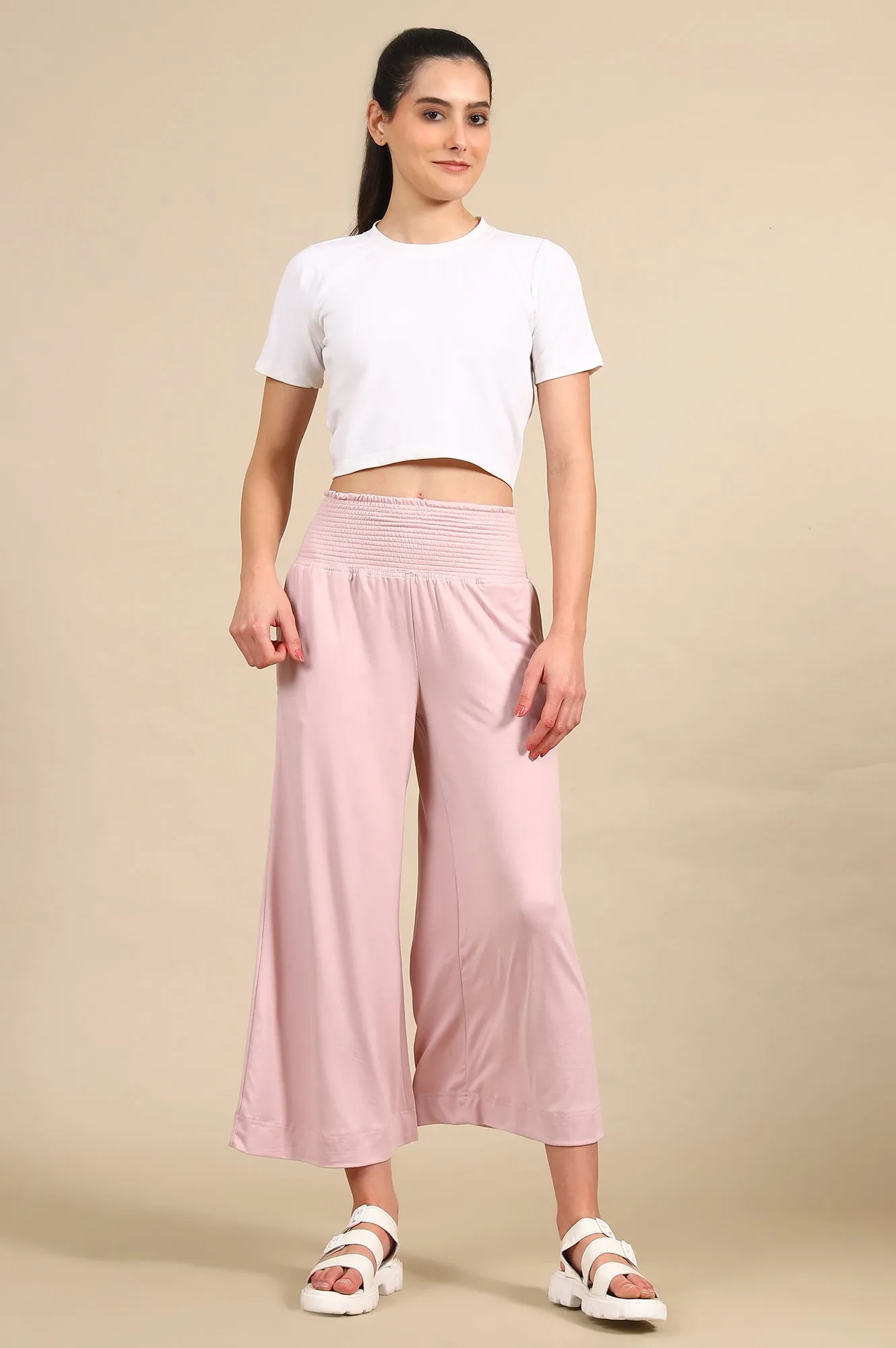 Pink Smoked High Waisted Flared Pants