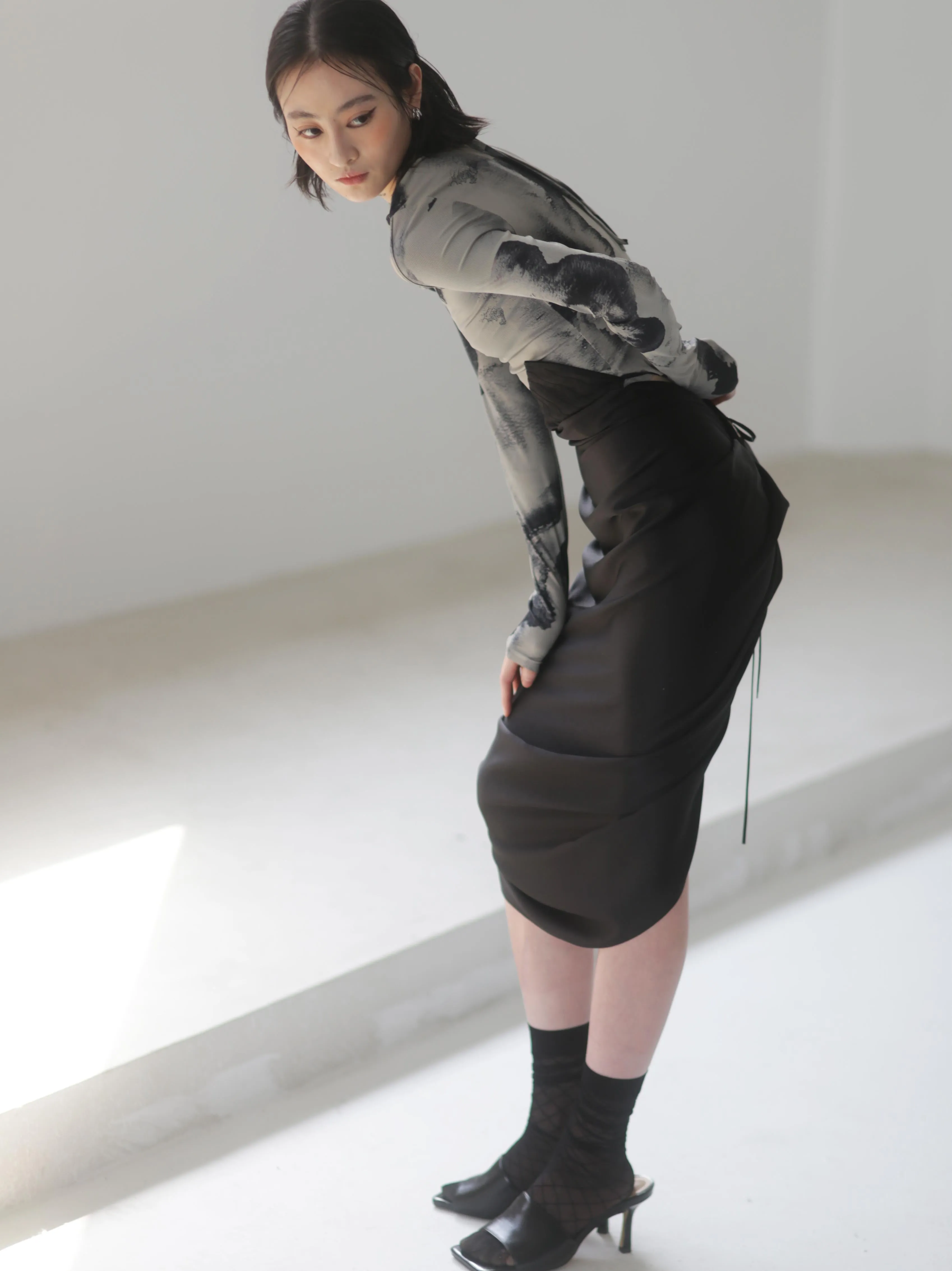Pleated Lace-up Satin Skirt