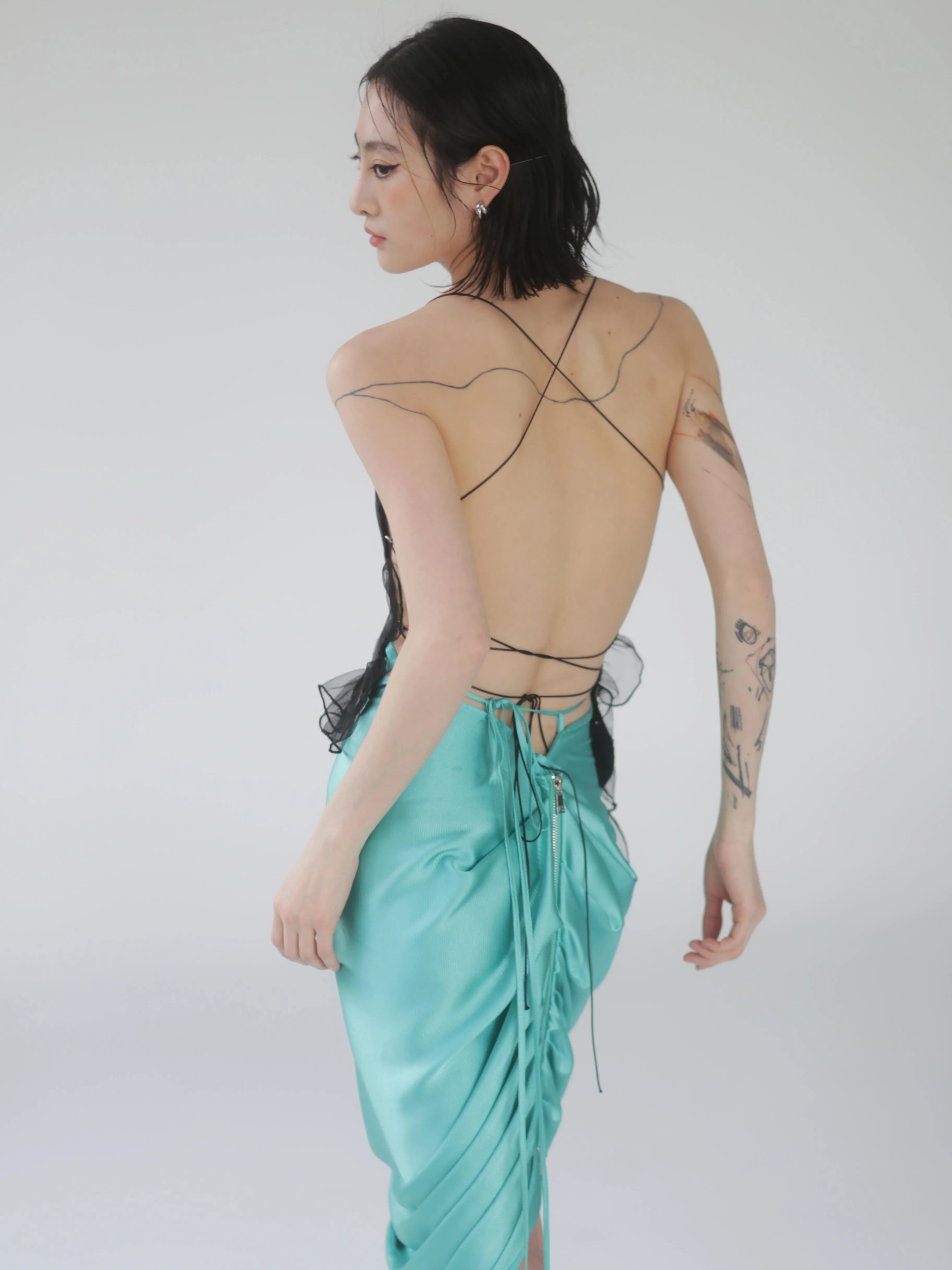 Pleated Lace-up Satin Skirt