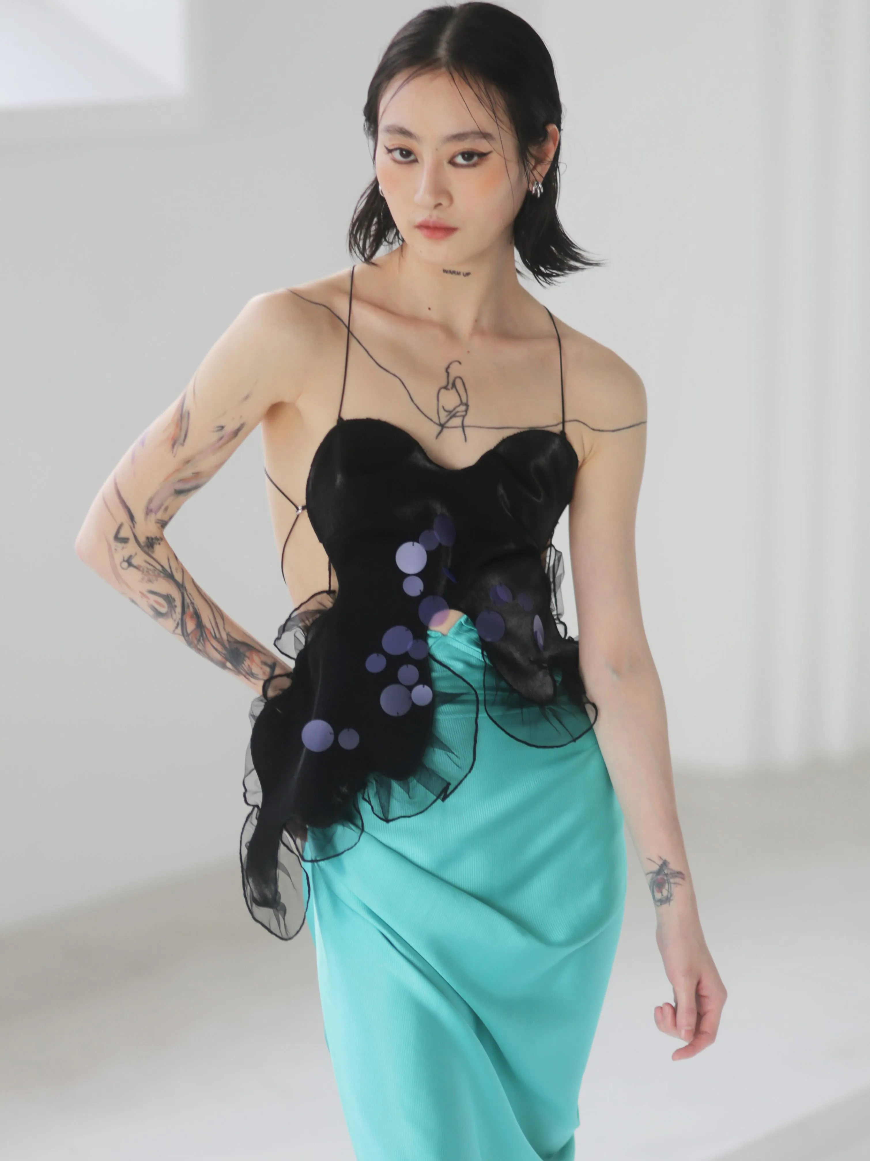 Pleated Lace-up Satin Skirt