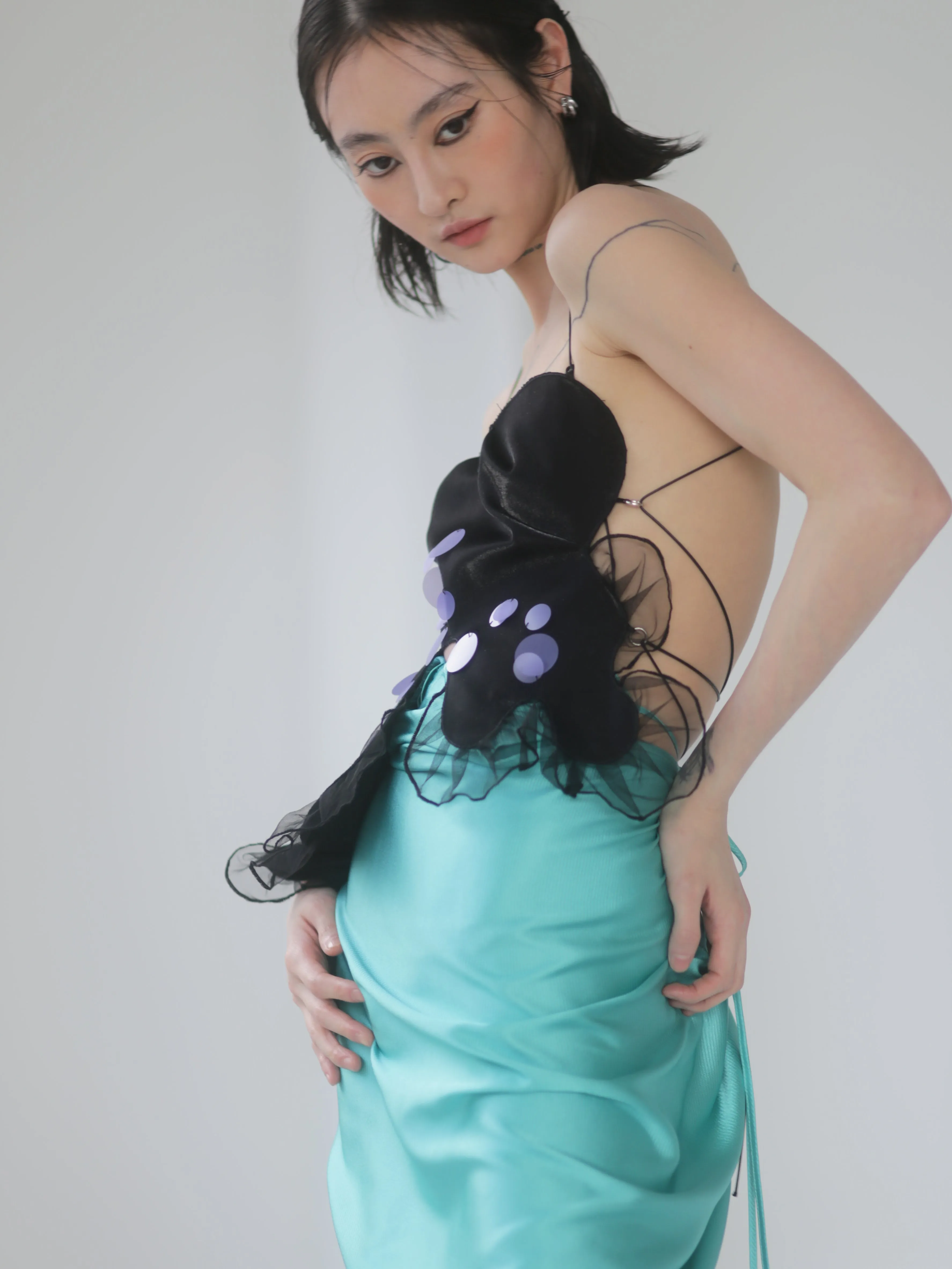 Pleated Lace-up Satin Skirt