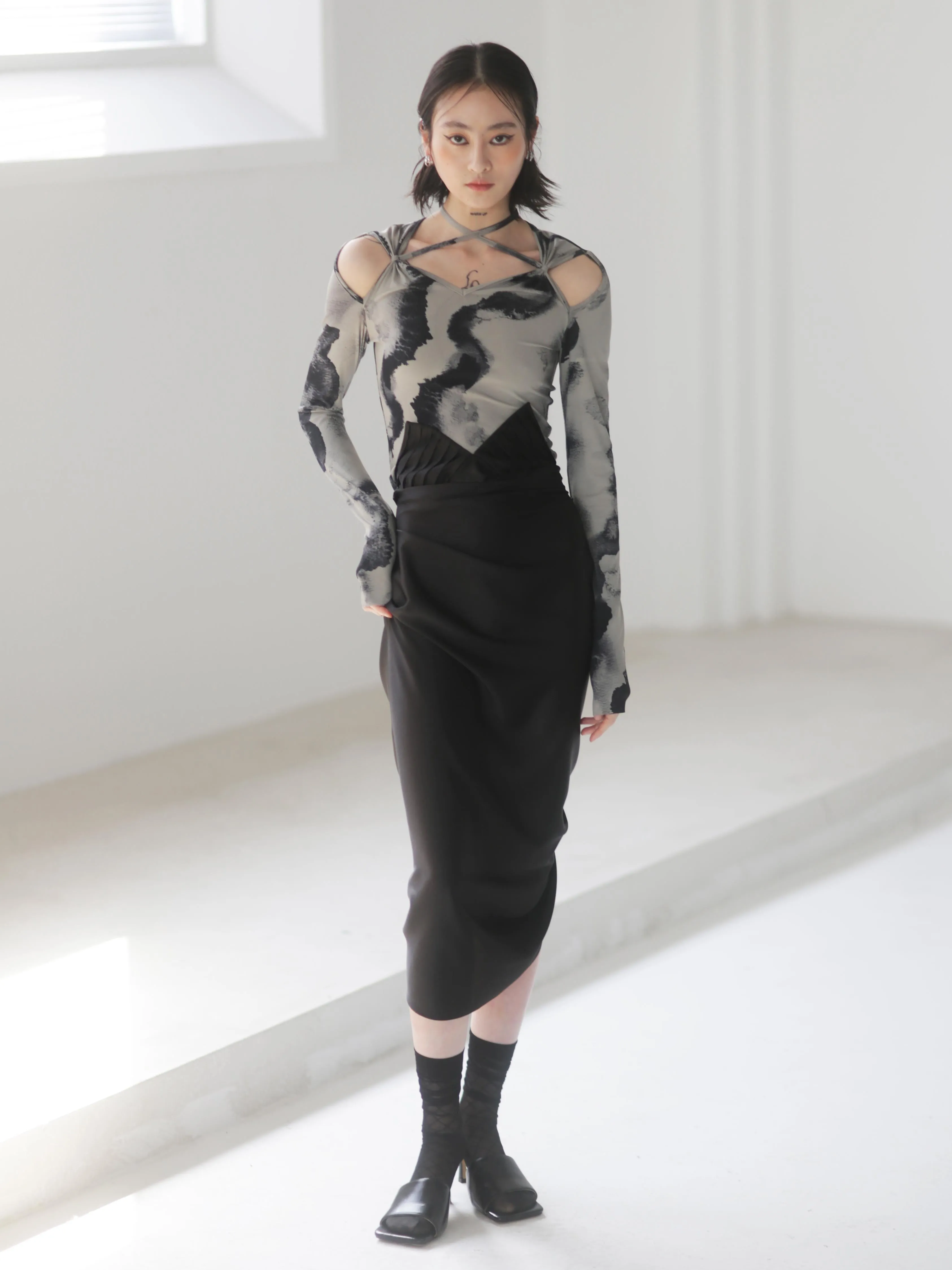 Pleated Lace-up Satin Skirt