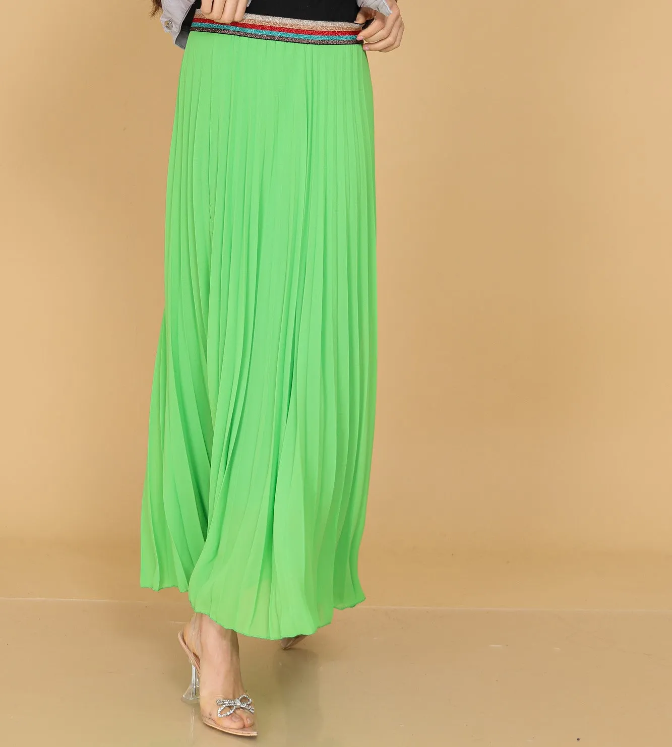 Pleated MAXI Skirt with Rainbow Elasticated Waistband