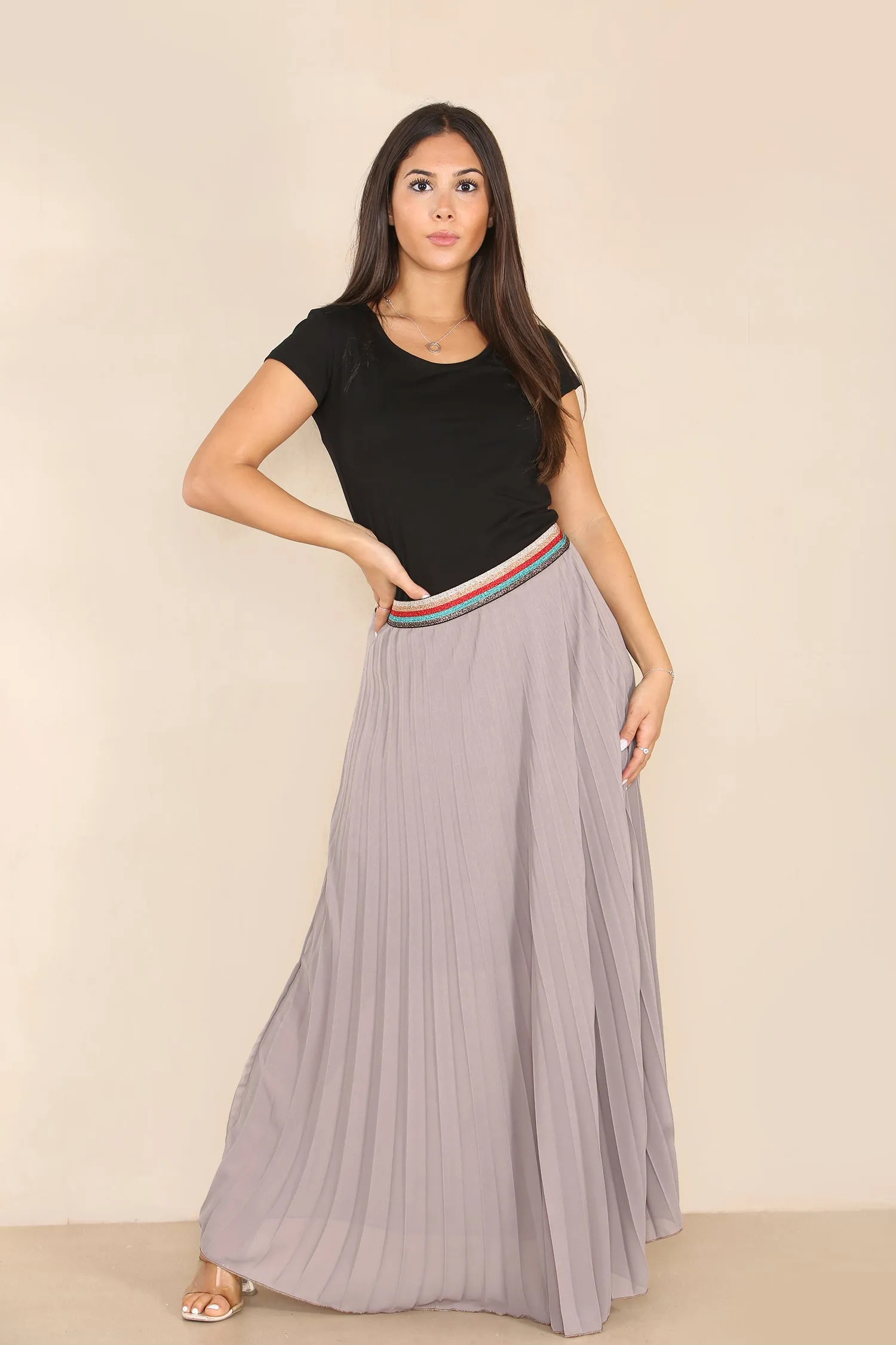 Pleated MAXI Skirt with Rainbow Elasticated Waistband