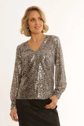 Pomodoro Clothing Leopard Sequin Blouse 62451A