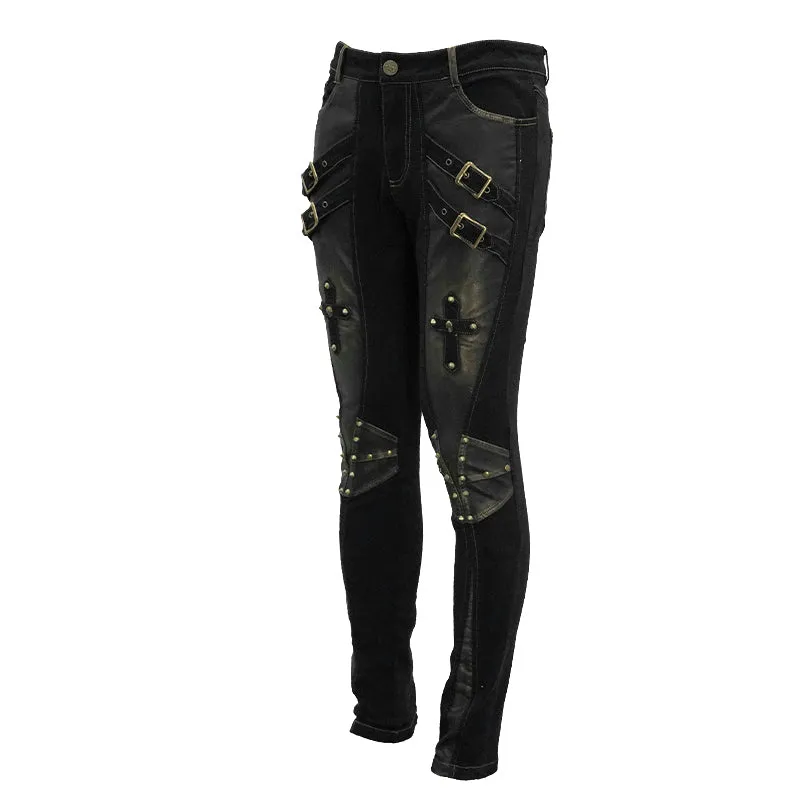 PT10402 steampunk rock bronze fitted leather men trousers with cross