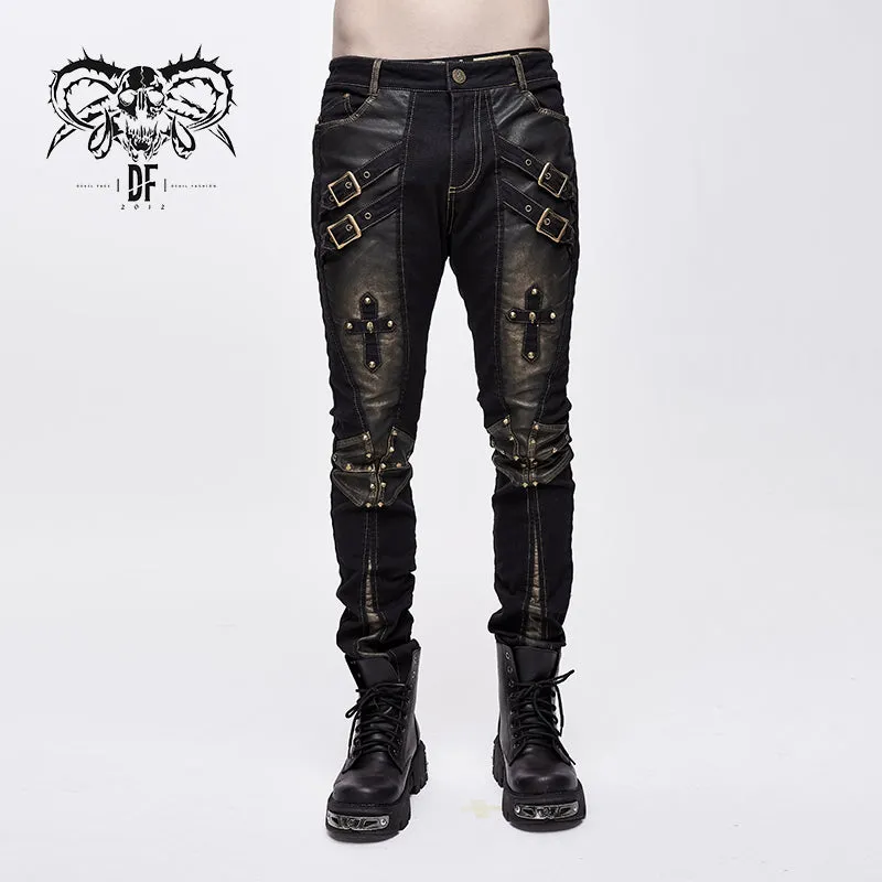 PT10402 steampunk rock bronze fitted leather men trousers with cross