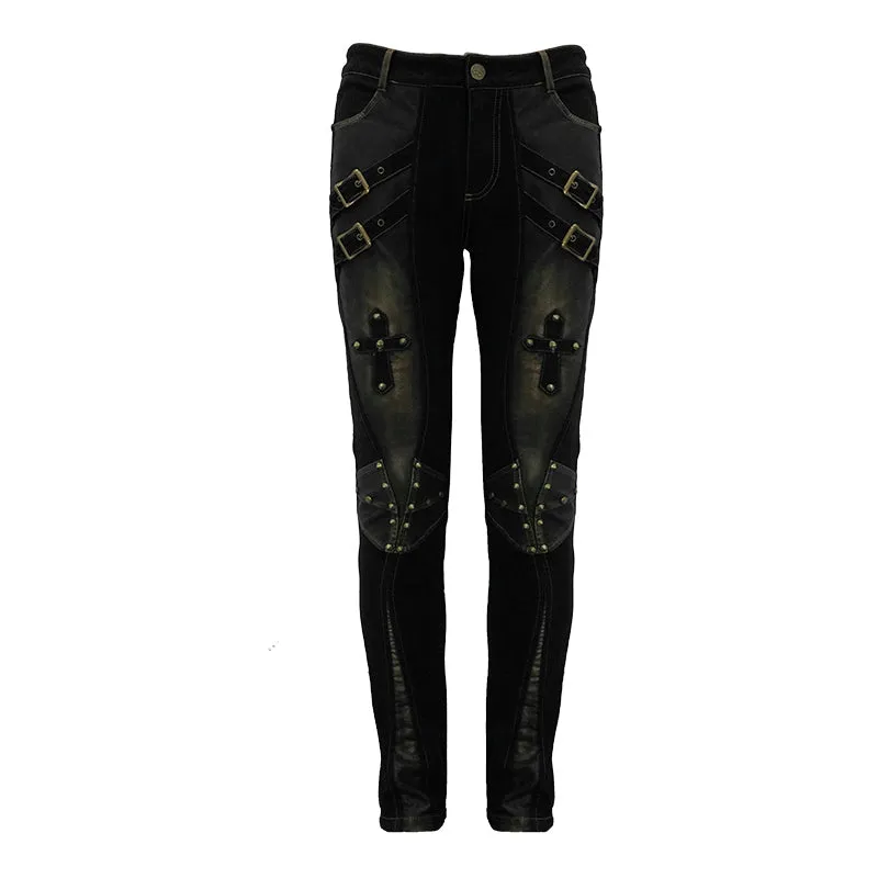 PT10402 steampunk rock bronze fitted leather men trousers with cross