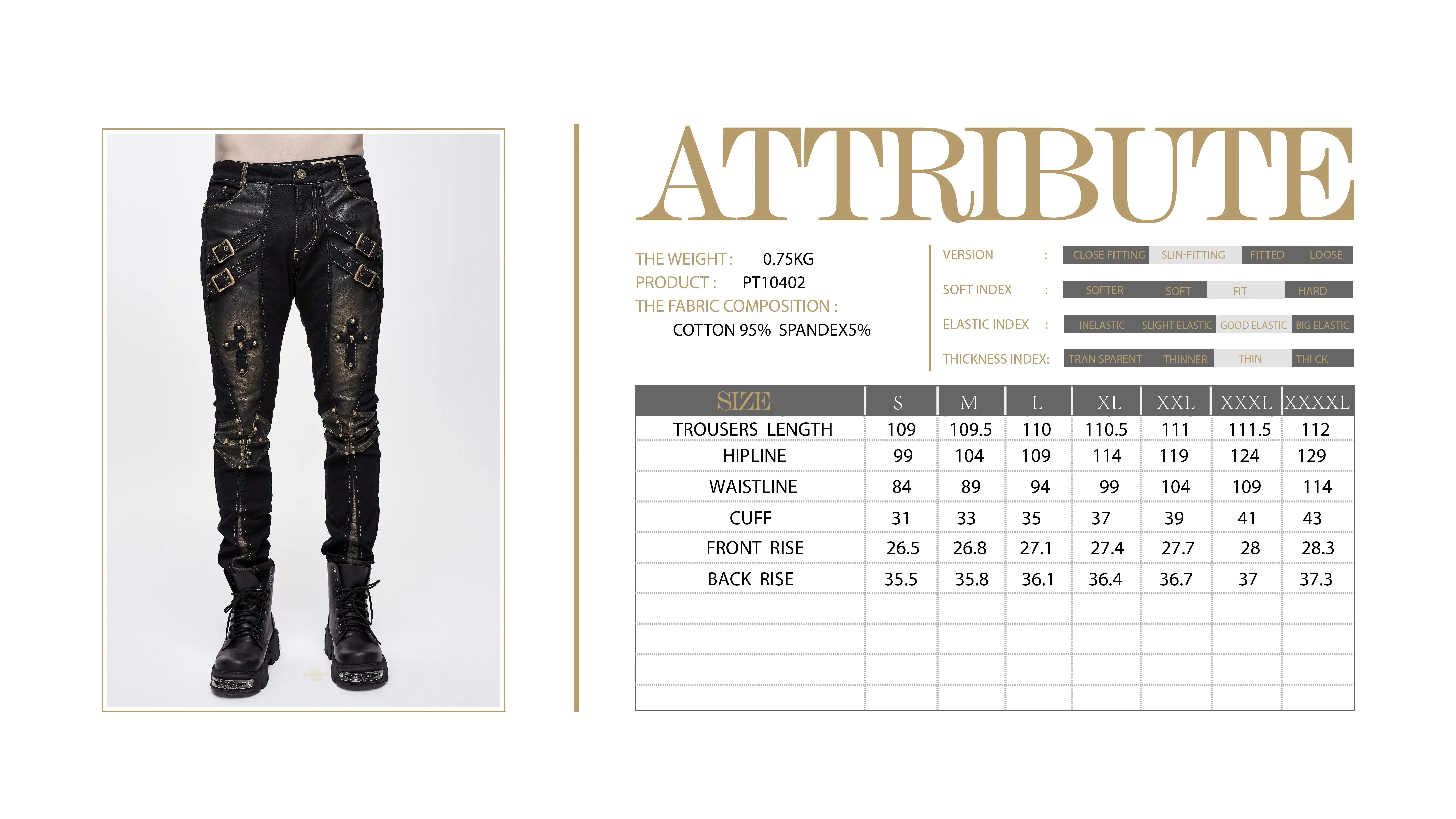 PT10402 steampunk rock bronze fitted leather men trousers with cross