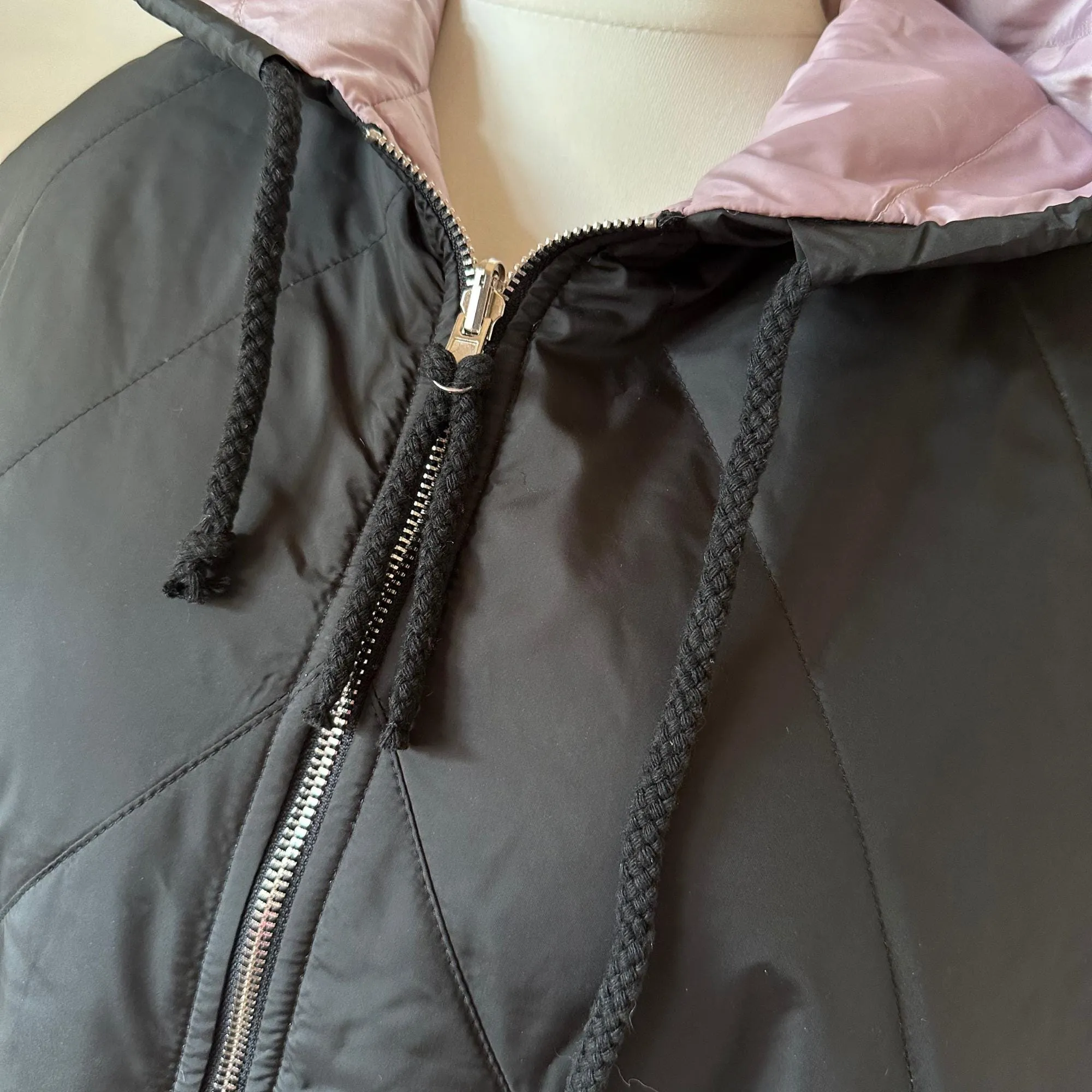 Puffer Pink Black Reversible Mid-Season Quilted Jacket with Hood