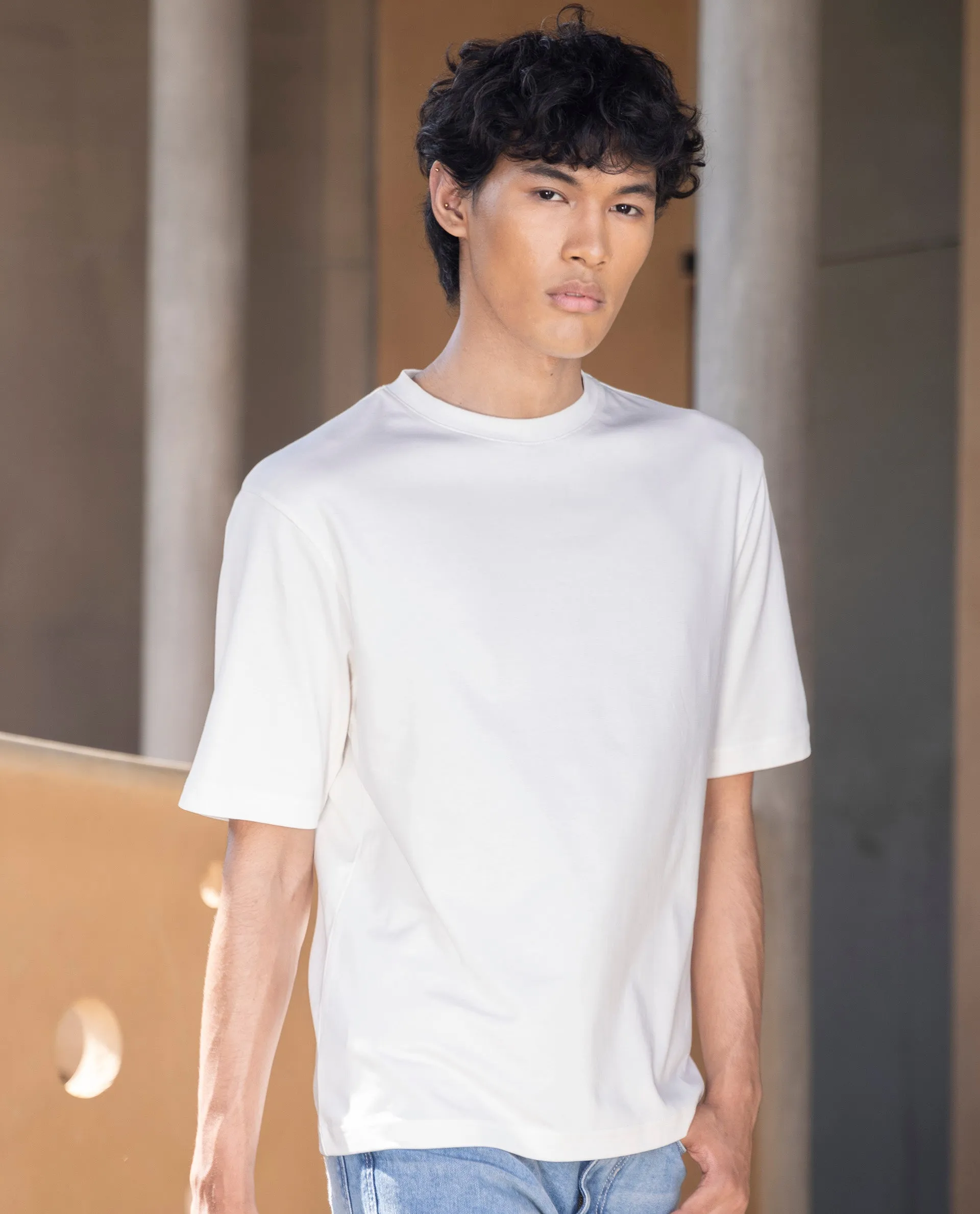 Rare Rabbit Men's Qlo Off White Cotton Polyester Fabric Short Sleeve Crew Neck Oversized Fit Solid T-Shirt