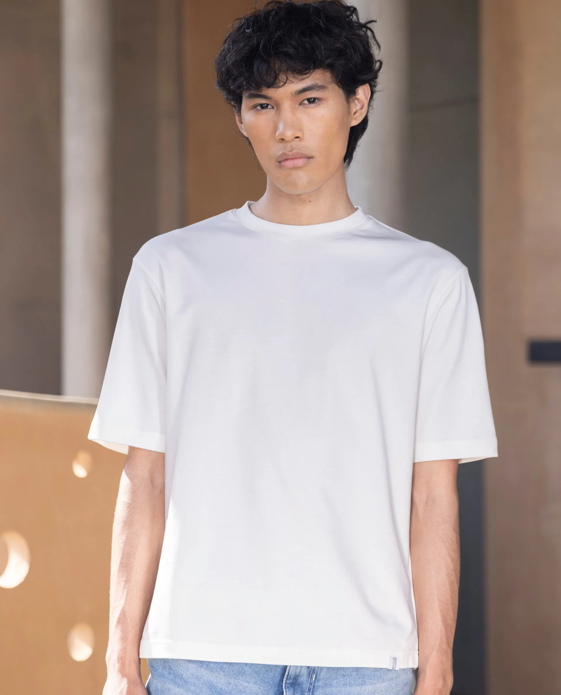Rare Rabbit Men's Qlo Off White Cotton Polyester Fabric Short Sleeve Crew Neck Oversized Fit Solid T-Shirt