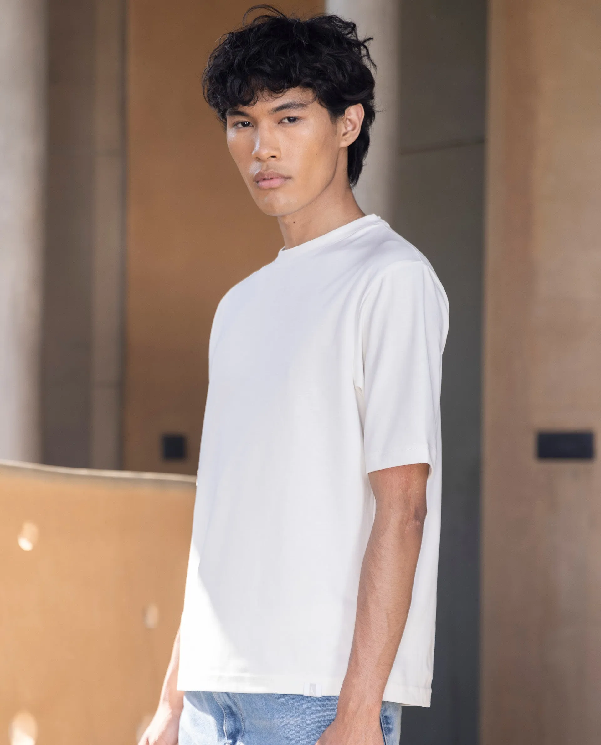 Rare Rabbit Men's Qlo Off White Cotton Polyester Fabric Short Sleeve Crew Neck Oversized Fit Solid T-Shirt