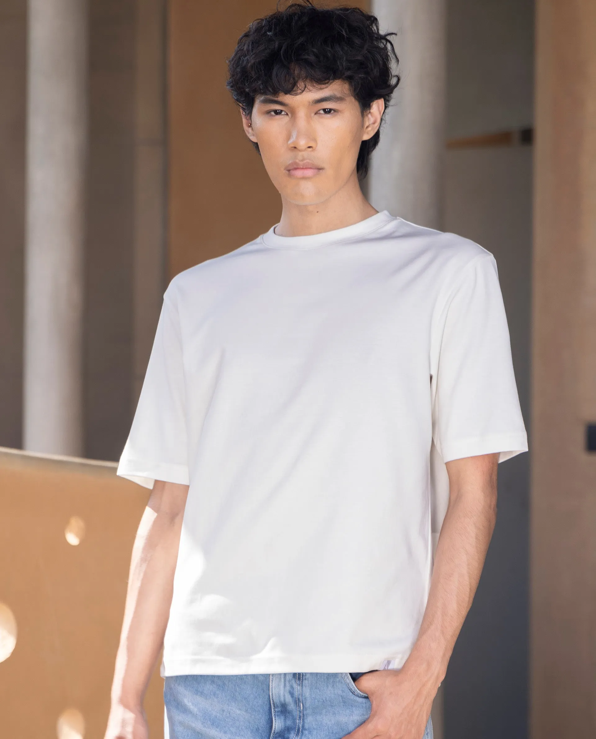 Rare Rabbit Men's Qlo Off White Cotton Polyester Fabric Short Sleeve Crew Neck Oversized Fit Solid T-Shirt