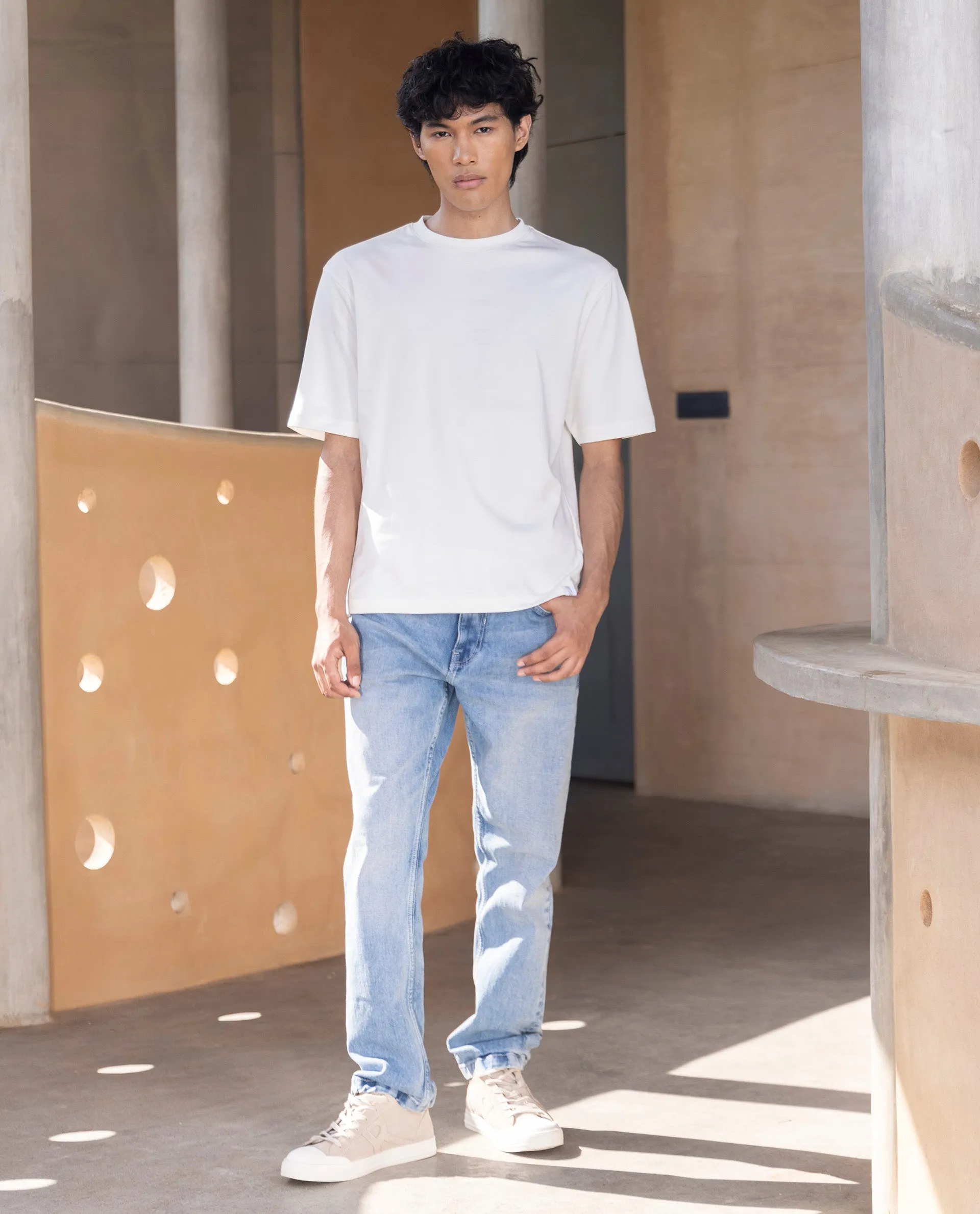 Rare Rabbit Men's Qlo Off White Cotton Polyester Fabric Short Sleeve Crew Neck Oversized Fit Solid T-Shirt