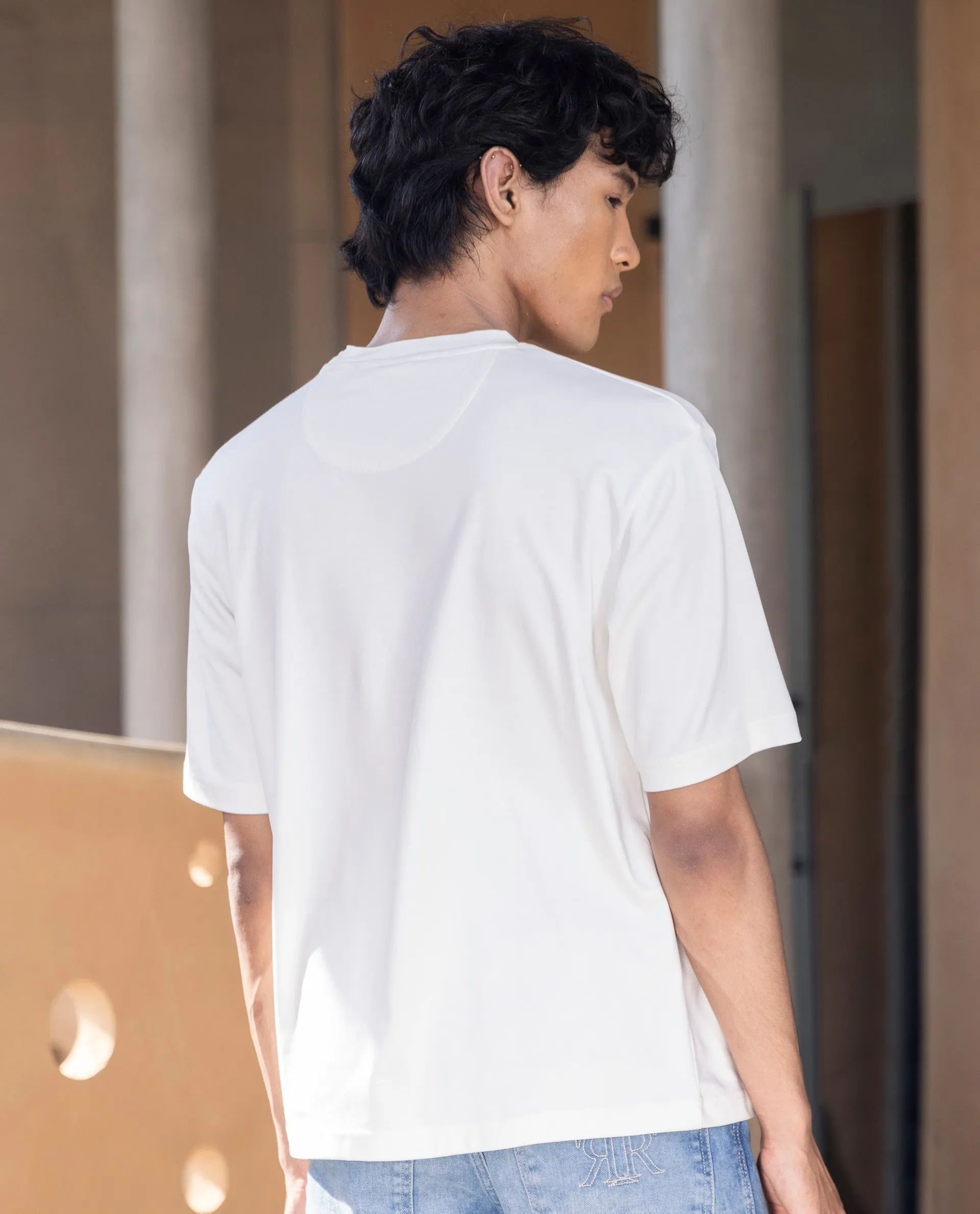 Rare Rabbit Men's Qlo Off White Cotton Polyester Fabric Short Sleeve Crew Neck Oversized Fit Solid T-Shirt