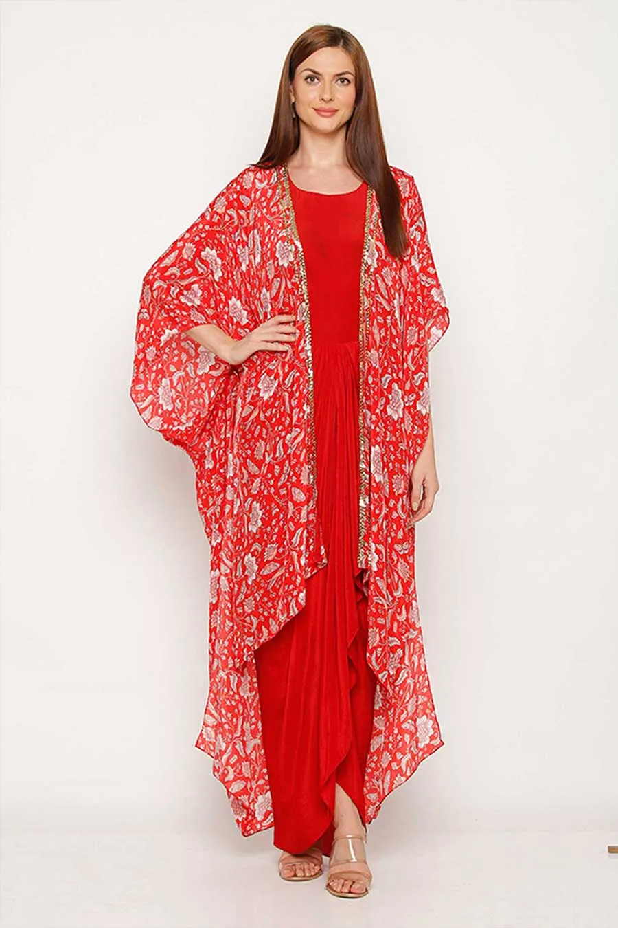 Red Drape Dress & Cape Co-ord Set