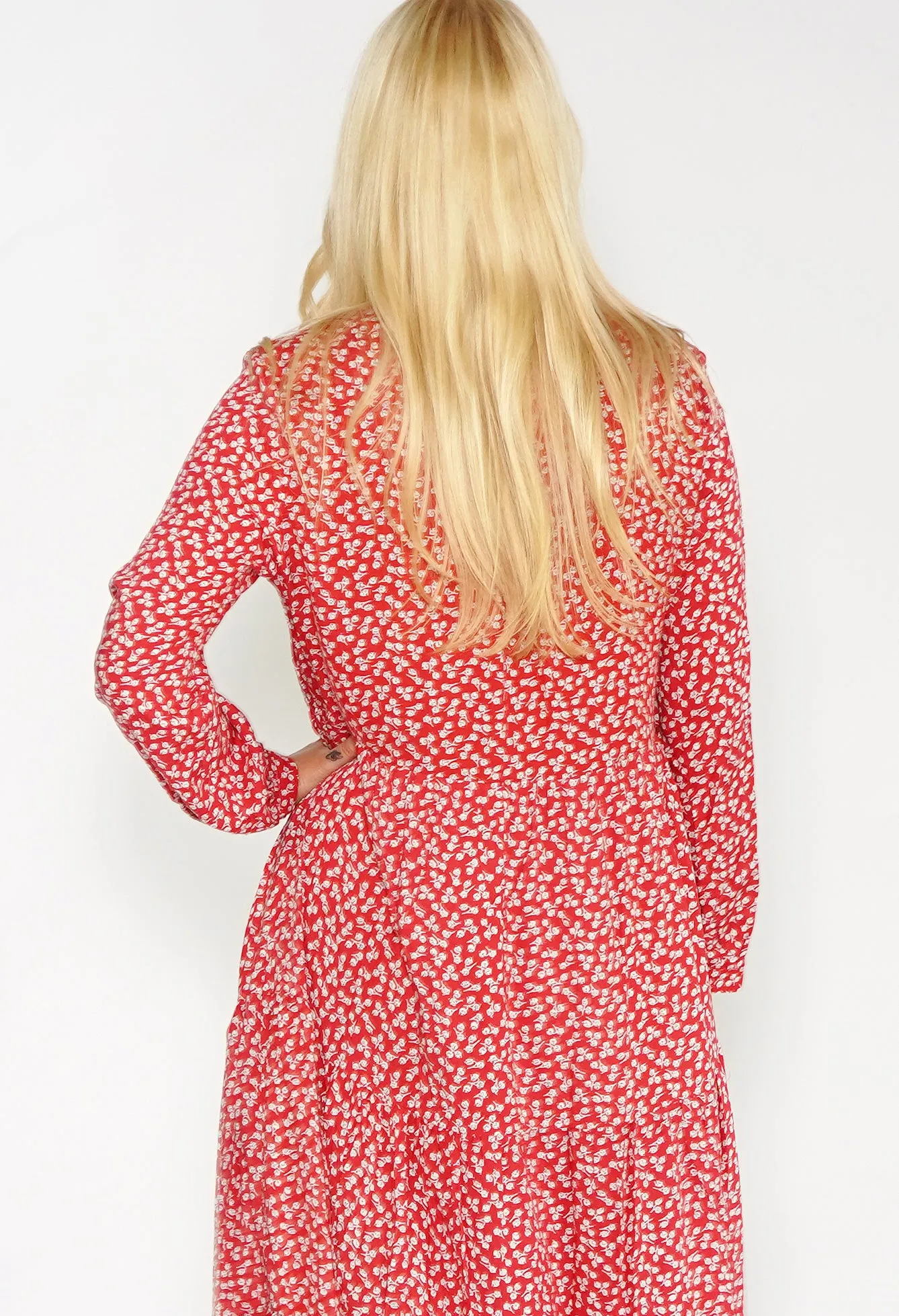 RED FLORAL SHIRT MIDI DRESS