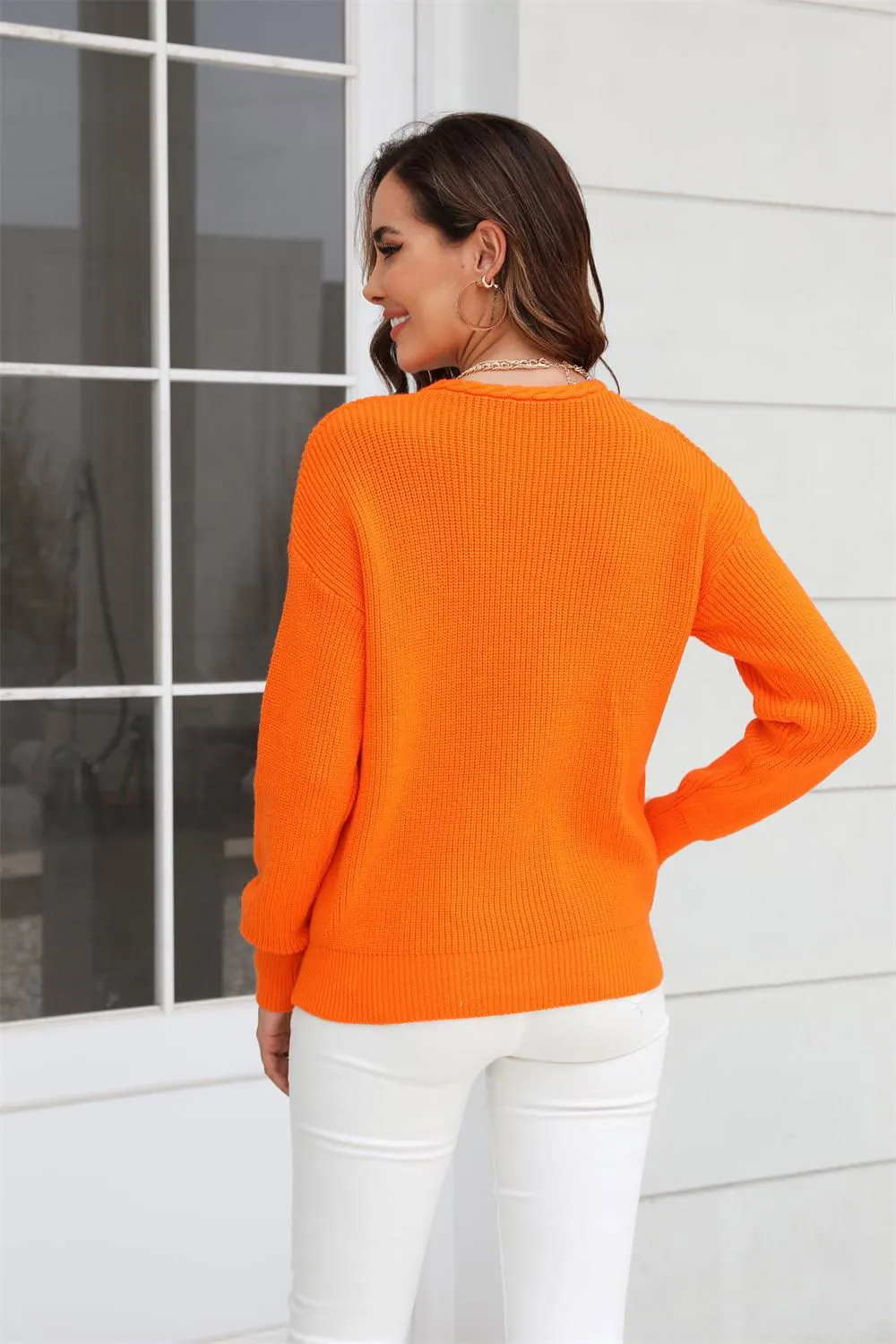 Ribbed V-Neck Dropped Shoulder Knit Top - Casual Style