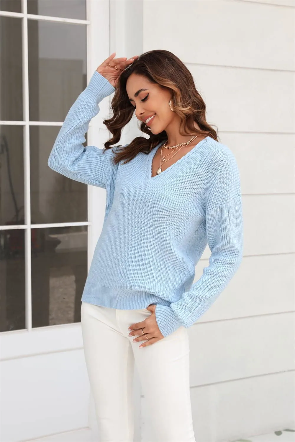Ribbed V-Neck Dropped Shoulder Knit Top - Casual Style