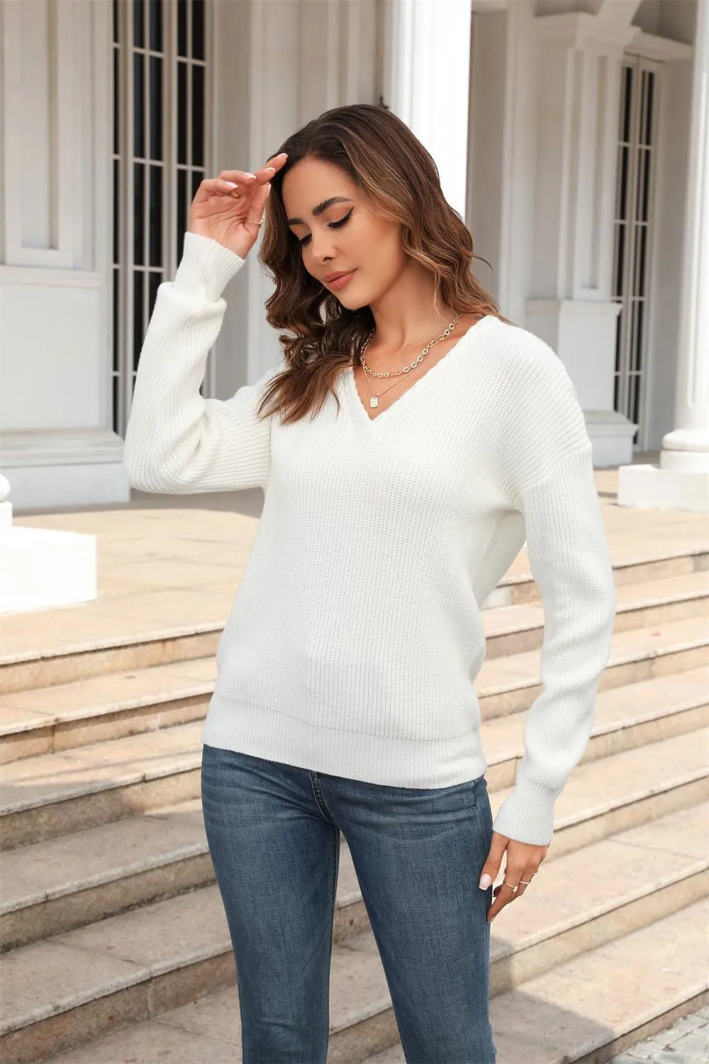 Ribbed V-Neck Dropped Shoulder Knit Top - Casual Style
