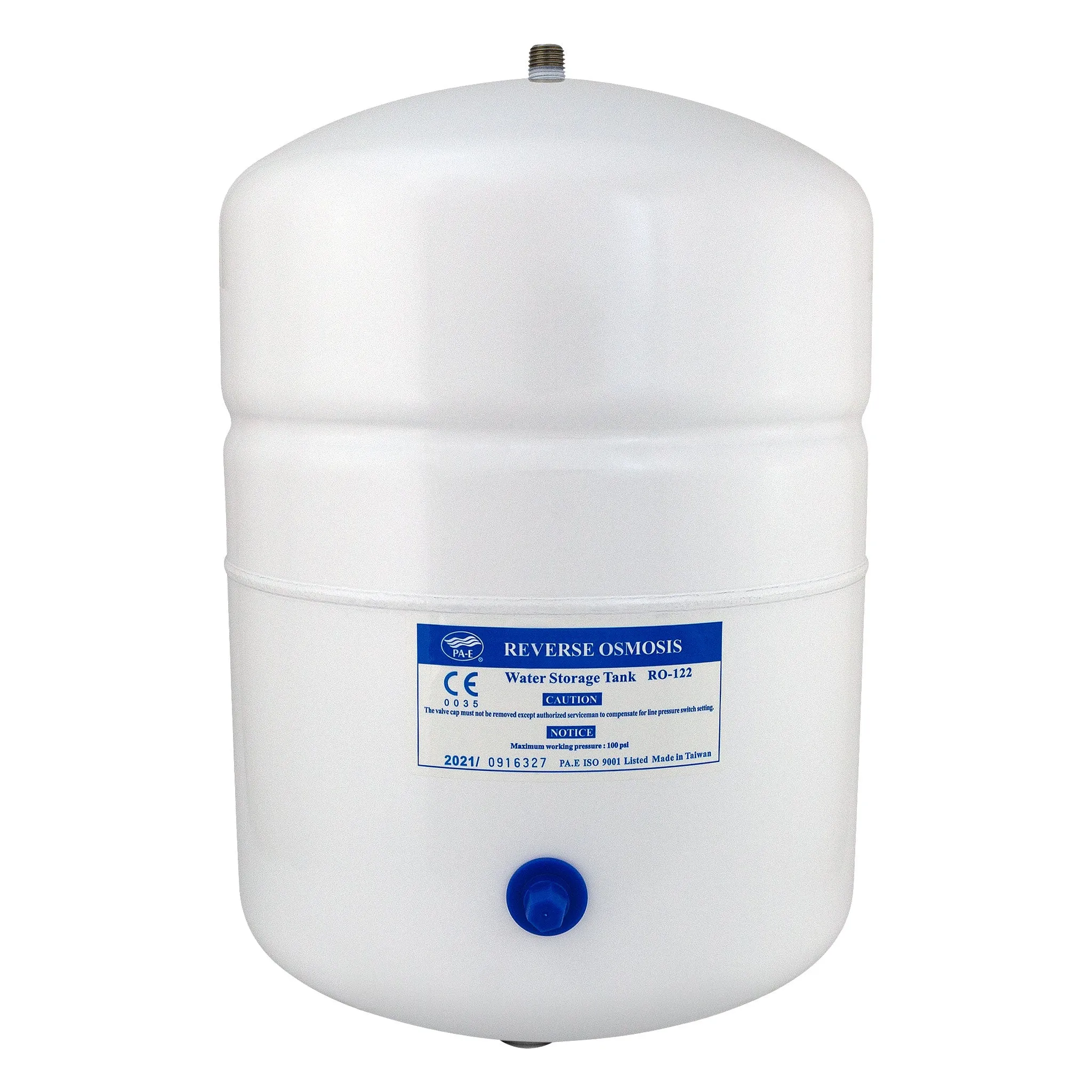 RO-122 Reverse Osmosis System Expansion Storage White Tank 3.2 Gallon. Actual Volume 2.2 Gallon. 9" x 14", 1/4 FPT. NSF Certified.