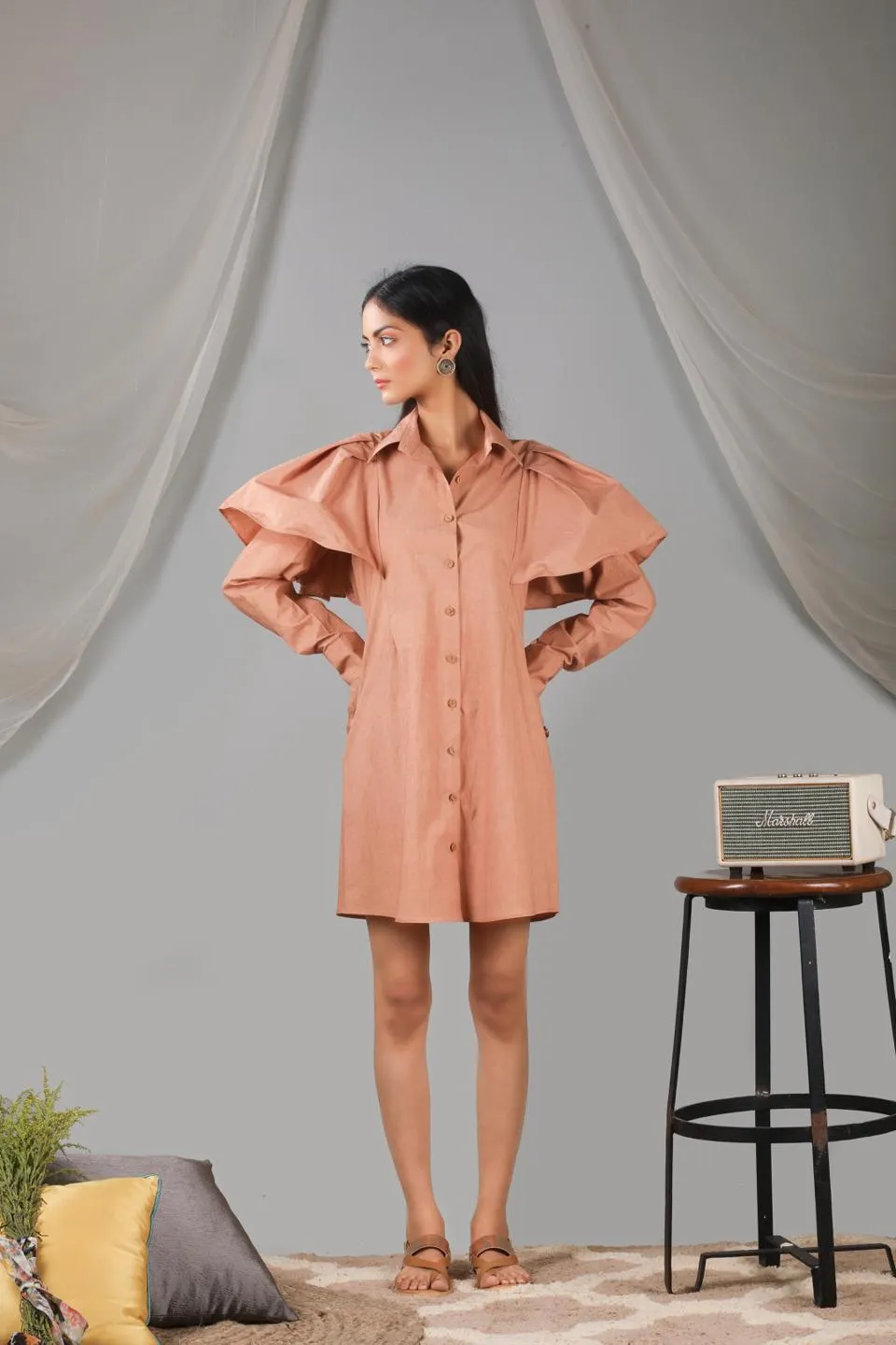 Roasted Almond Shoulder Ruffle Shirt Dress